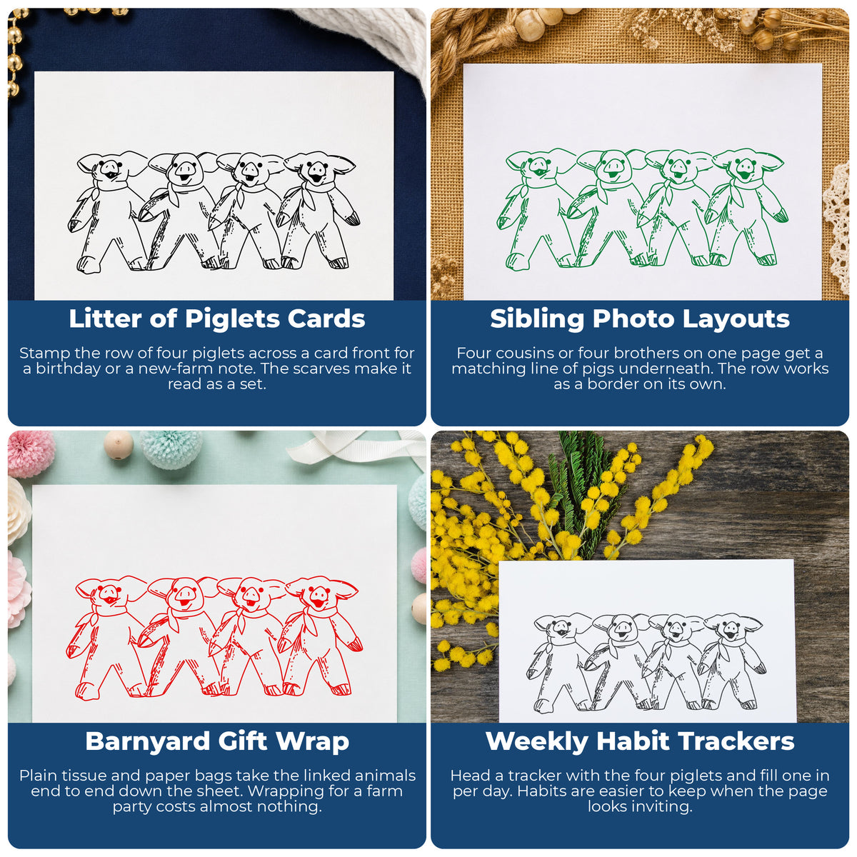Four Linked Pigs Rubber Stamp project ideas: Litter of Piglets Cards, Sibling Photo Layouts, Barnyard Gift Wrap and Weekly Habit Trackers.