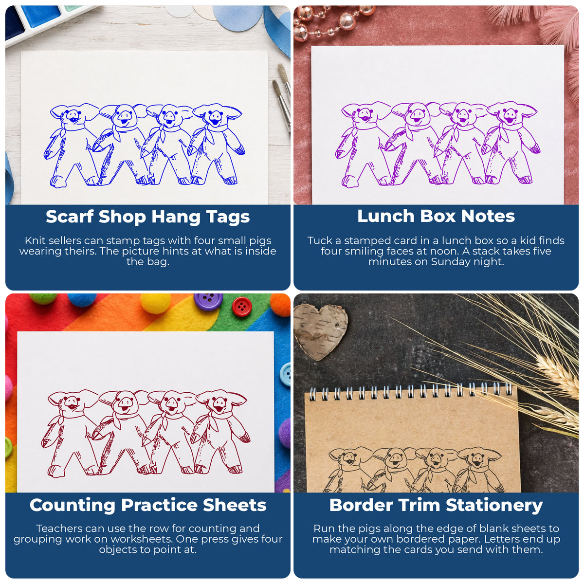 Four Linked Pigs Rubber Stamp project ideas: Scarf Shop Hang Tags, Lunch Box Notes, Counting Practice Sheets and Border Trim Stationery.