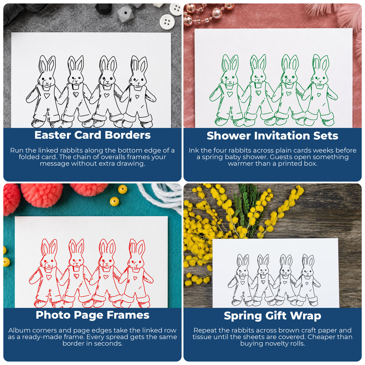 Four Linked Bunnies Rubber Stamp project ideas: Easter Card Borders, Shower Invitation Sets, Photo Page Frames and Spring Gift Wrap.