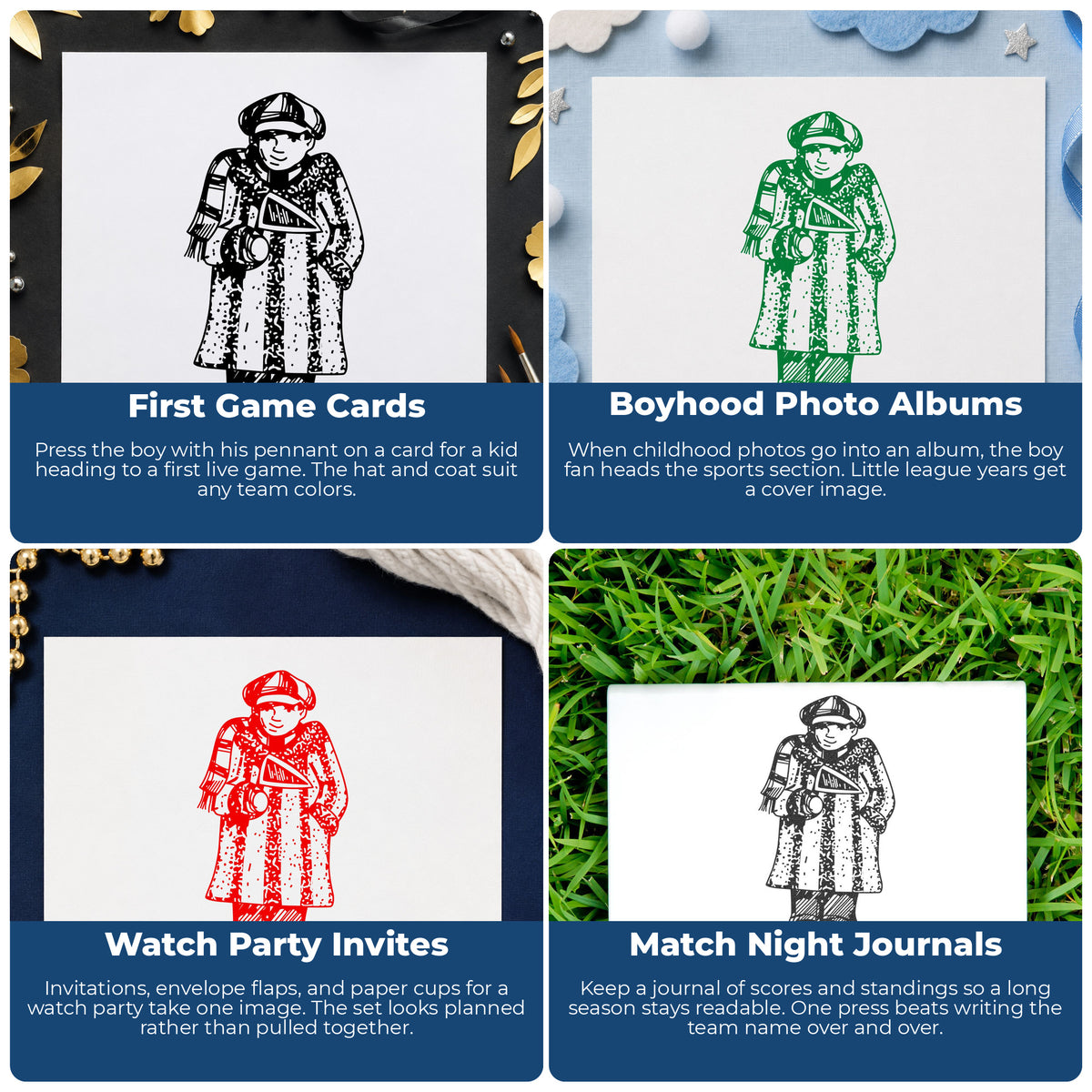 Boy Sports Fan with Pennant Rubber Stamp project ideas: First Game Cards, Boyhood Photo Albums, Watch Party Invites and Match Night Journals.
