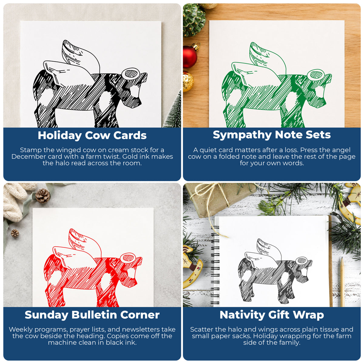 Cow Angel with Halo Rubber Stamp project ideas: Holiday Cow Cards, Sympathy Note Sets, Sunday Bulletin Corner and Nativity Gift Wrap.