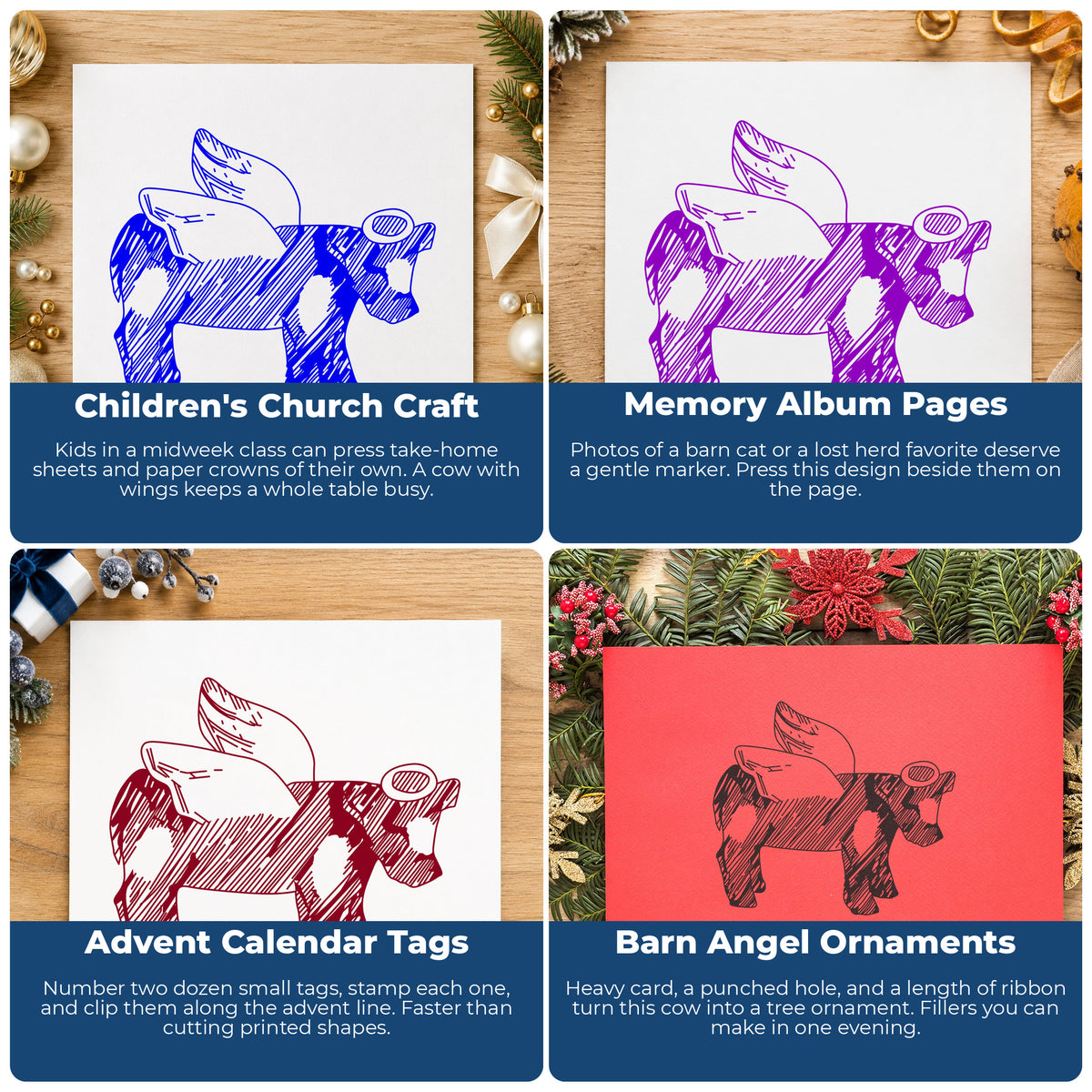 Cow Angel with Halo Rubber Stamp project ideas: Children's Church Craft, Memory Album Pages, Advent Calendar Tags and Barn Angel Ornaments.