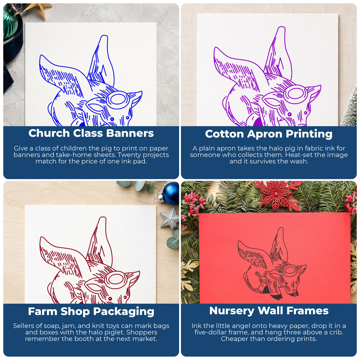 Pig Angel with Halo Rubber Stamp project ideas: Church Class Banners, Cotton Apron Printing, Farm Shop Packaging and Nursery Wall Frames.