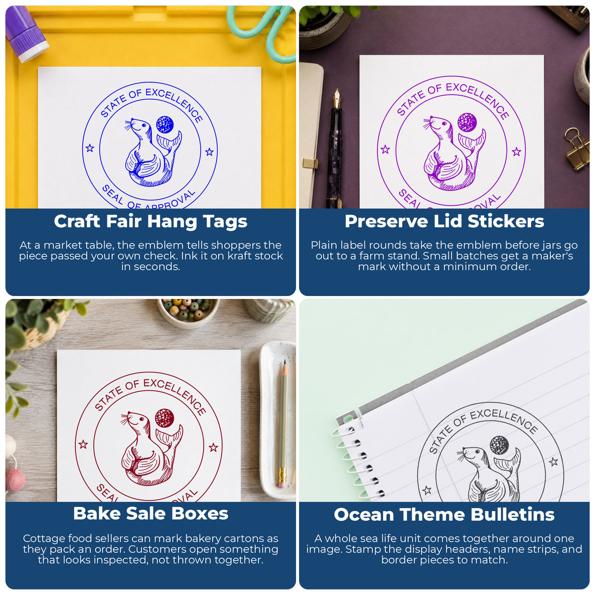 Seal of Approval Animal Rubber Stamp project ideas: Craft Fair Hang Tags, Preserve Lid Stickers, Bake Sale Boxes and Ocean Theme Bulletins.