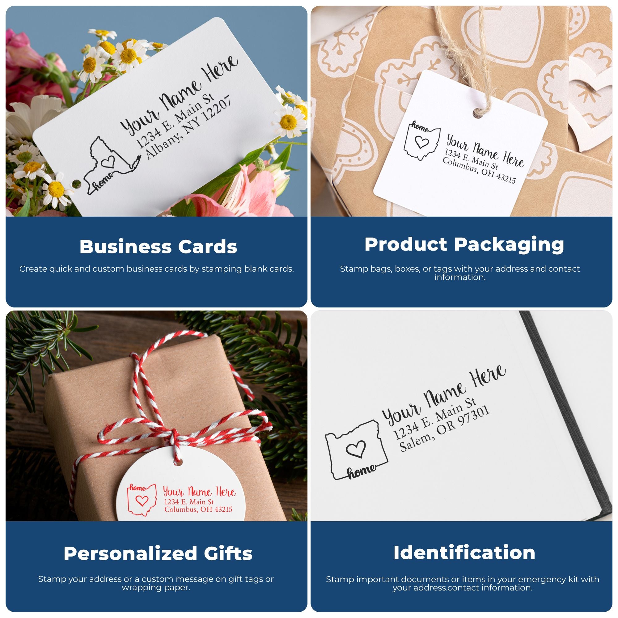 Custom address rubber stamp collage for business cards, product packaging, gift tags, and document identification.