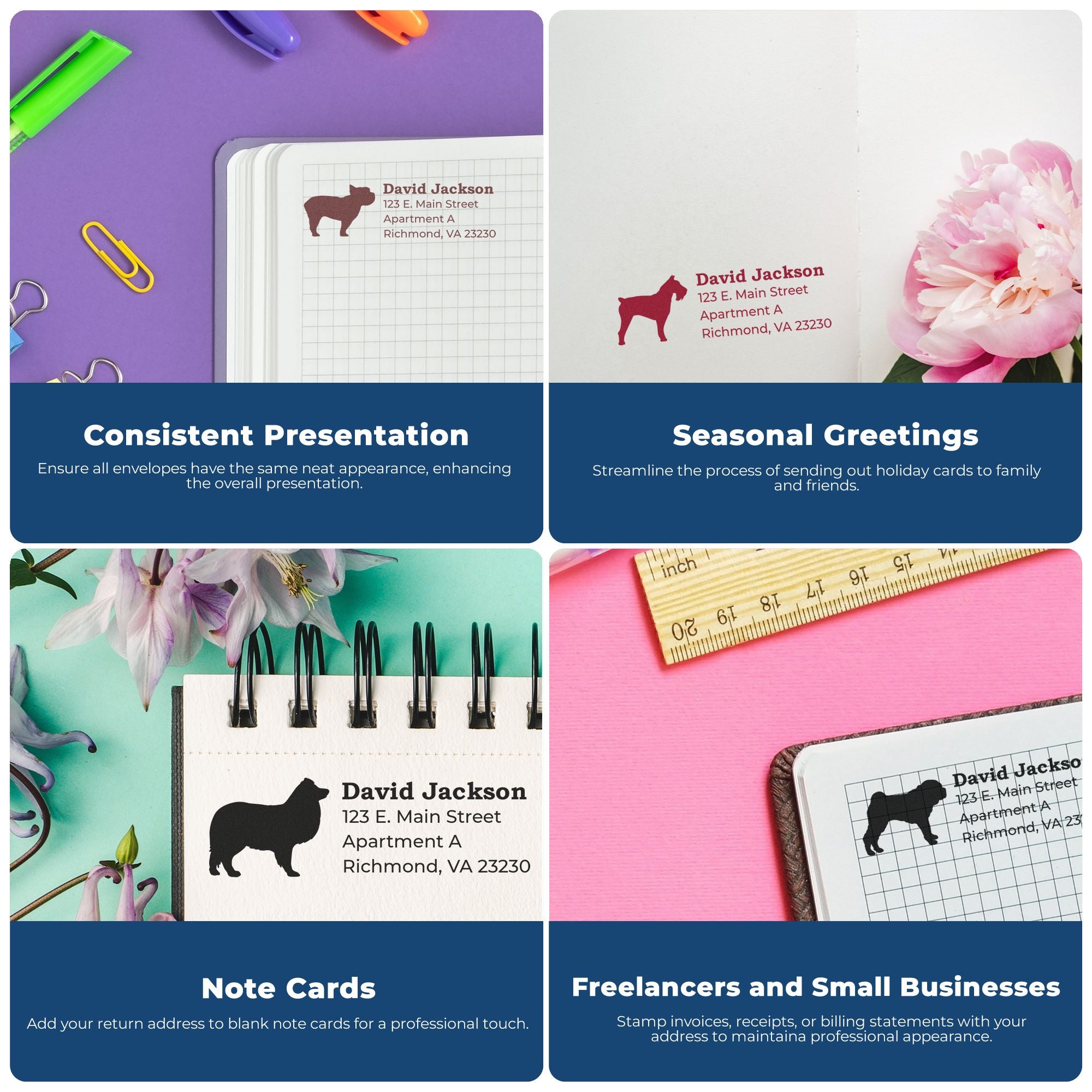 Personalized return address rubber stamp shown on envelopes, note cards, and holiday cards for consistent mailing and small business branding.