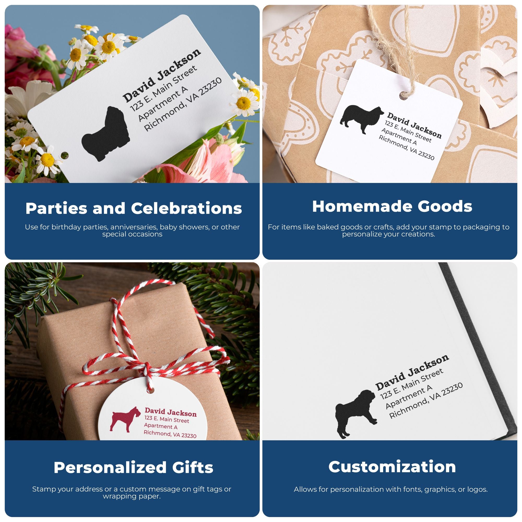Custom rubber stamp ideas for parties, homemade goods, and personalized gifts, perfect for packaging, tags, and address labels.