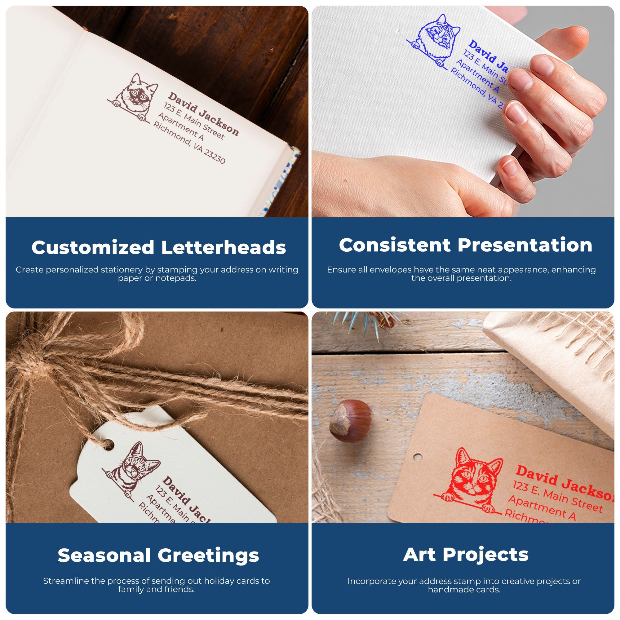 Custom rubber address stamps on stationery, envelopes, gift tags and cards for personalized mail, holiday greetings and craft projects.
