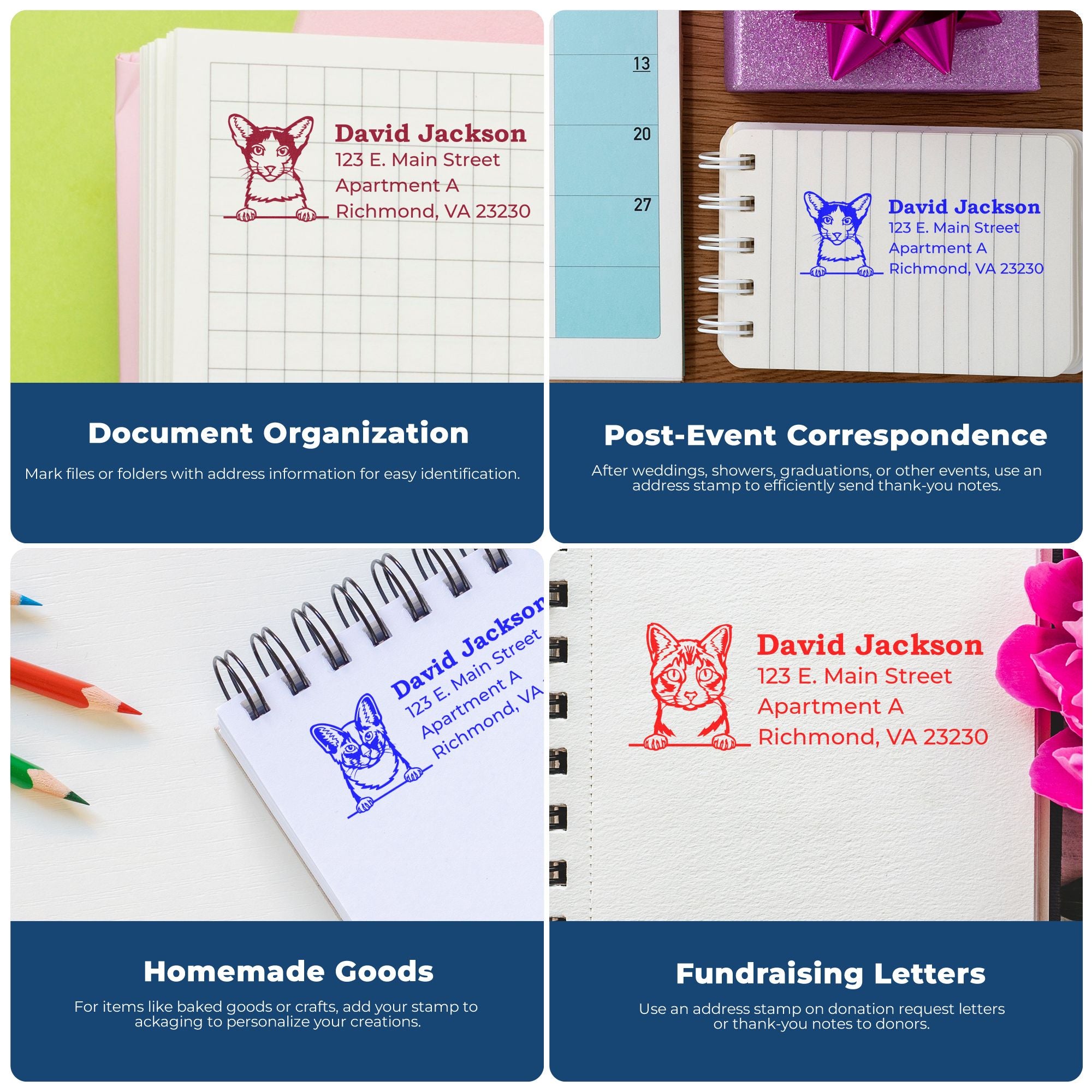 Custom address rubber stamp with pet portrait, used on notebooks, mail, and packaging for organization and thank-you notes.