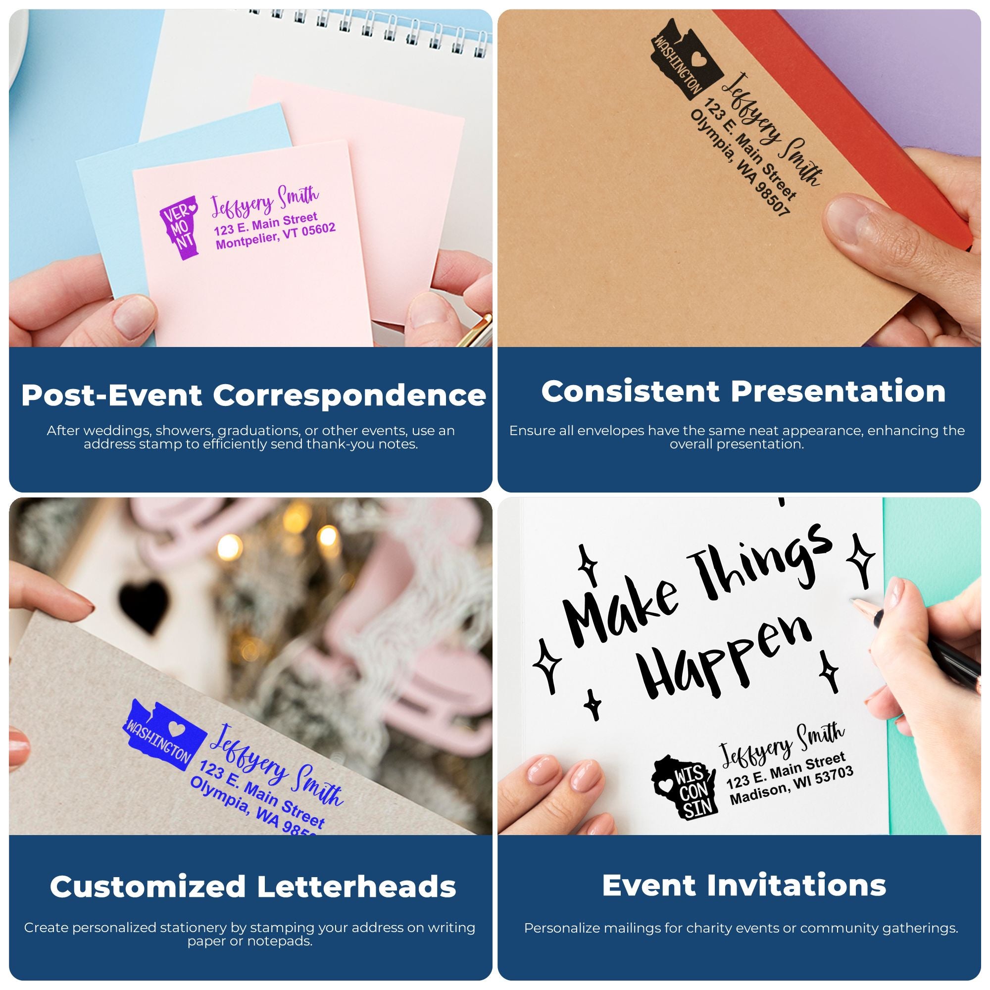 Collage of custom rubber address stamps on envelopes, invitations, and stationery for weddings, thank-you notes, and branding.