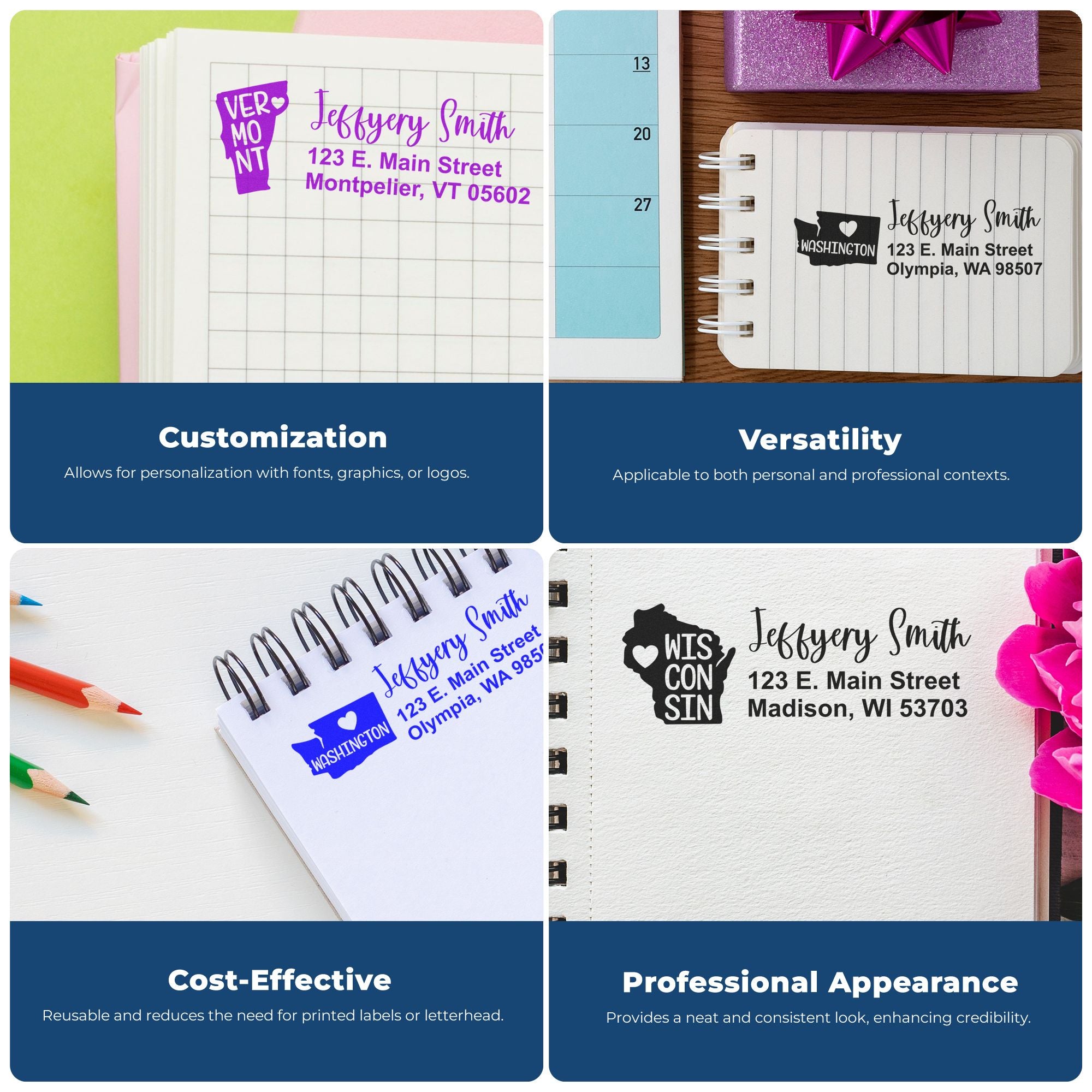 Personalized return address rubber stamps for notebooks and mailing, showing customization, versatility, cost savings, professional look.