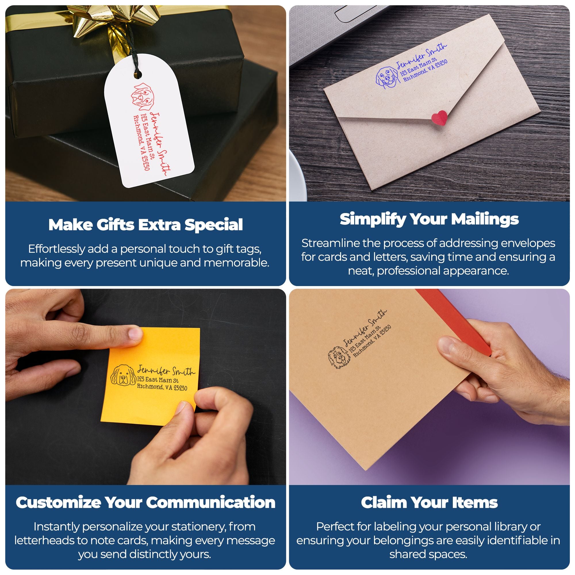Custom rubber address stamps for gift tags, envelopes, notes, and stationery to personalize mailings and branding.