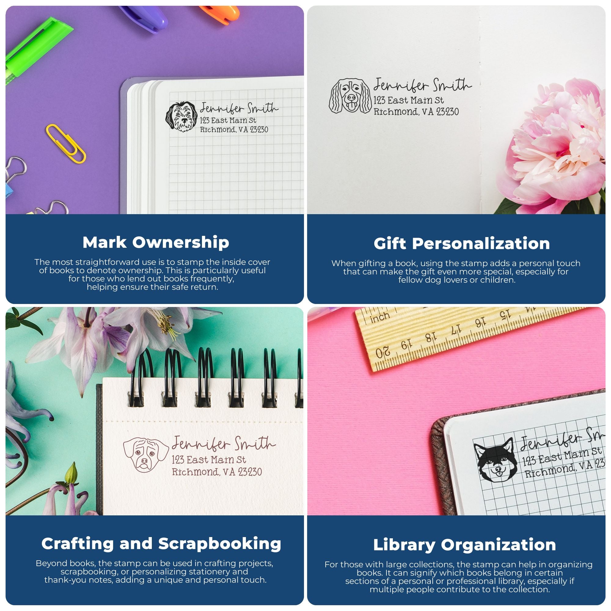 Personalized dog address rubber stamp examples for marking book ownership, gift personalization, scrapbooking, and library organization.