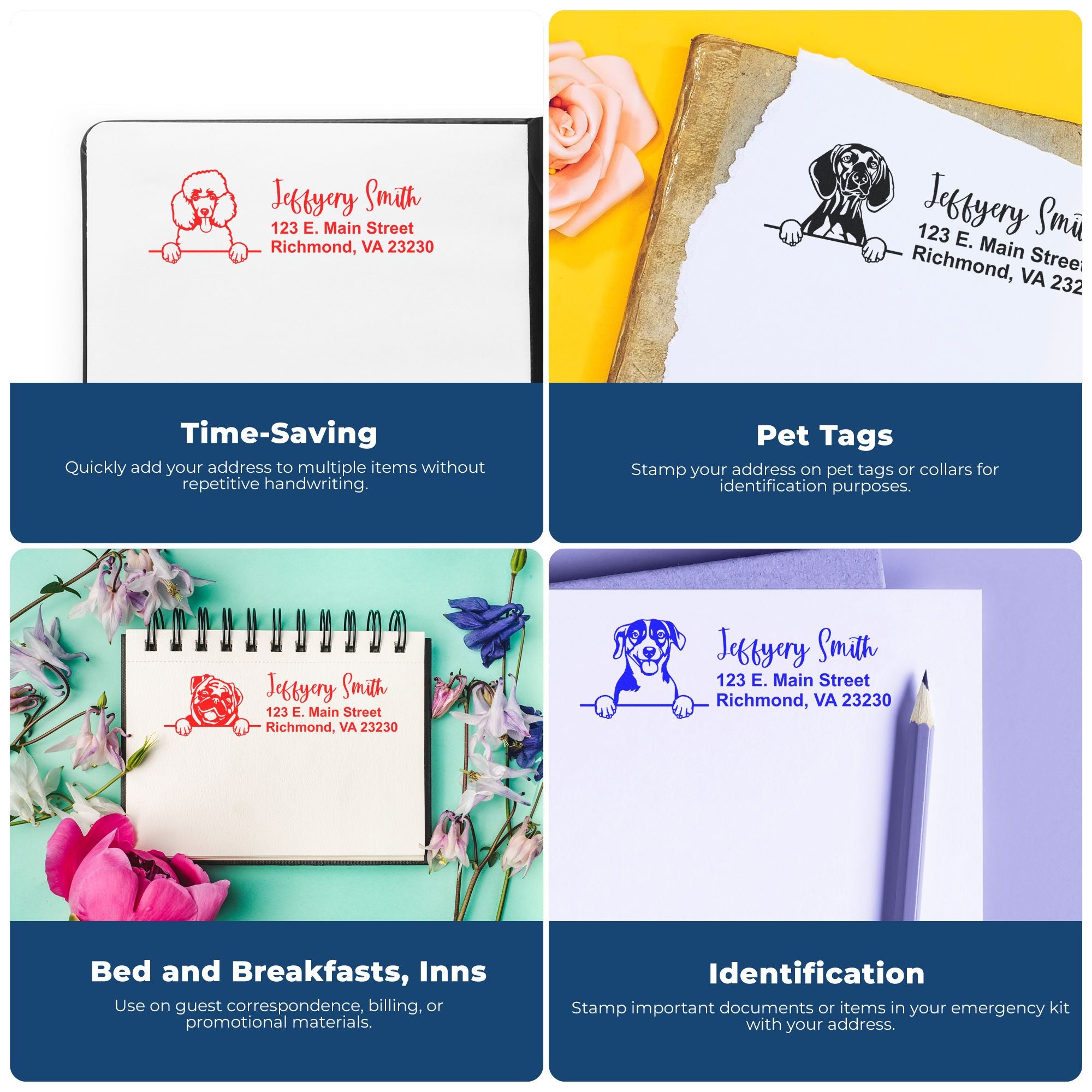 Custom dog address rubber stamp for mail, pet tags, notebooks, and guest correspondence.