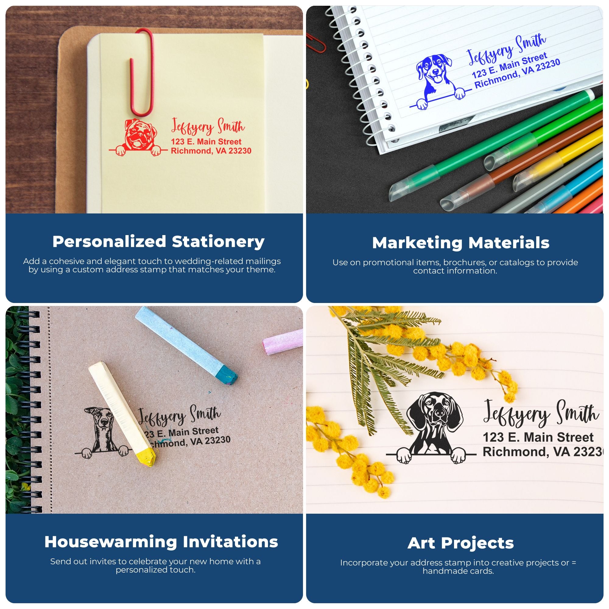 Custom rubber address stamp examples for personalized stationery, marketing materials, invitations and creative art projects.
