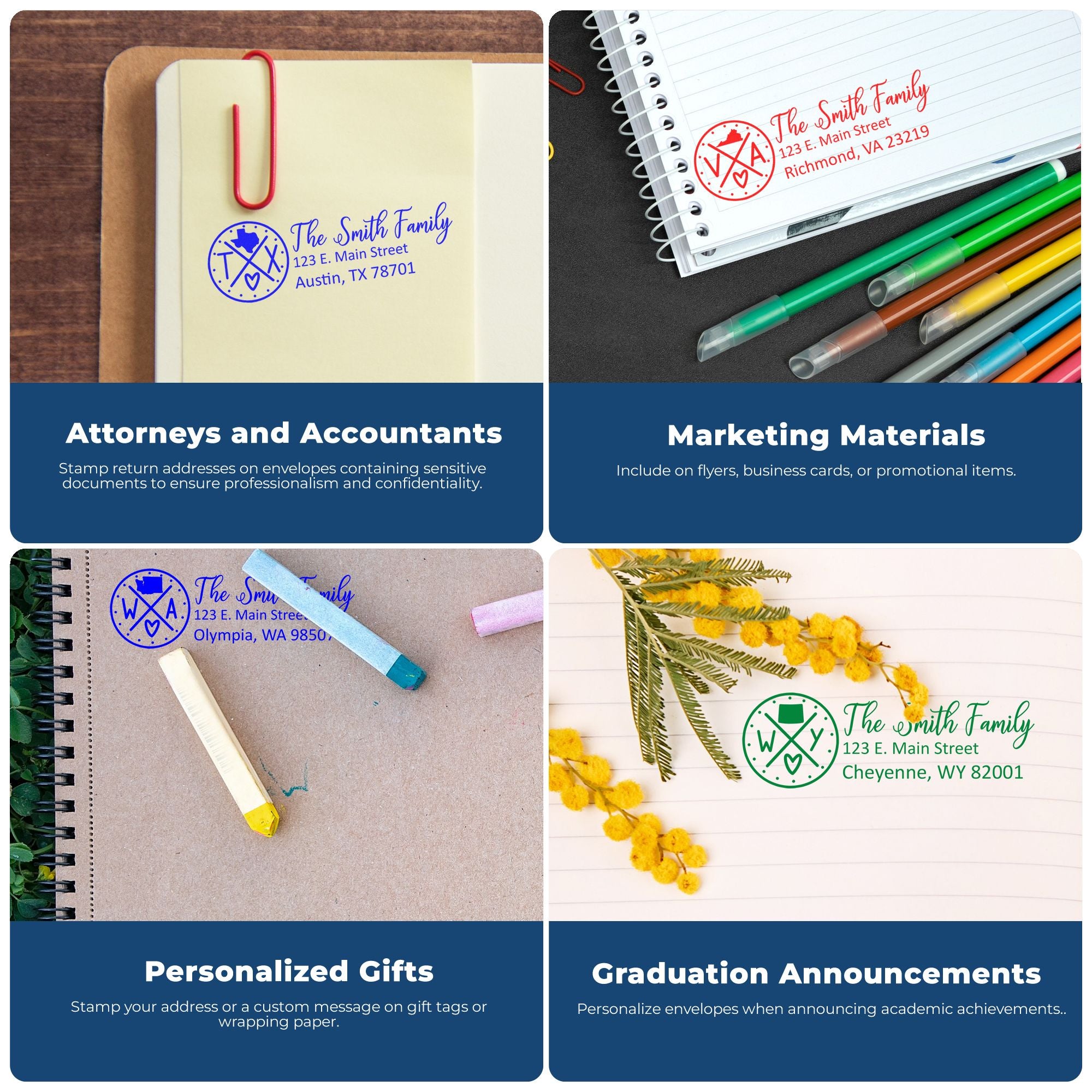 Custom rubber stamp examples for return addresses, marketing materials, personalized gifts, and graduation announcements.