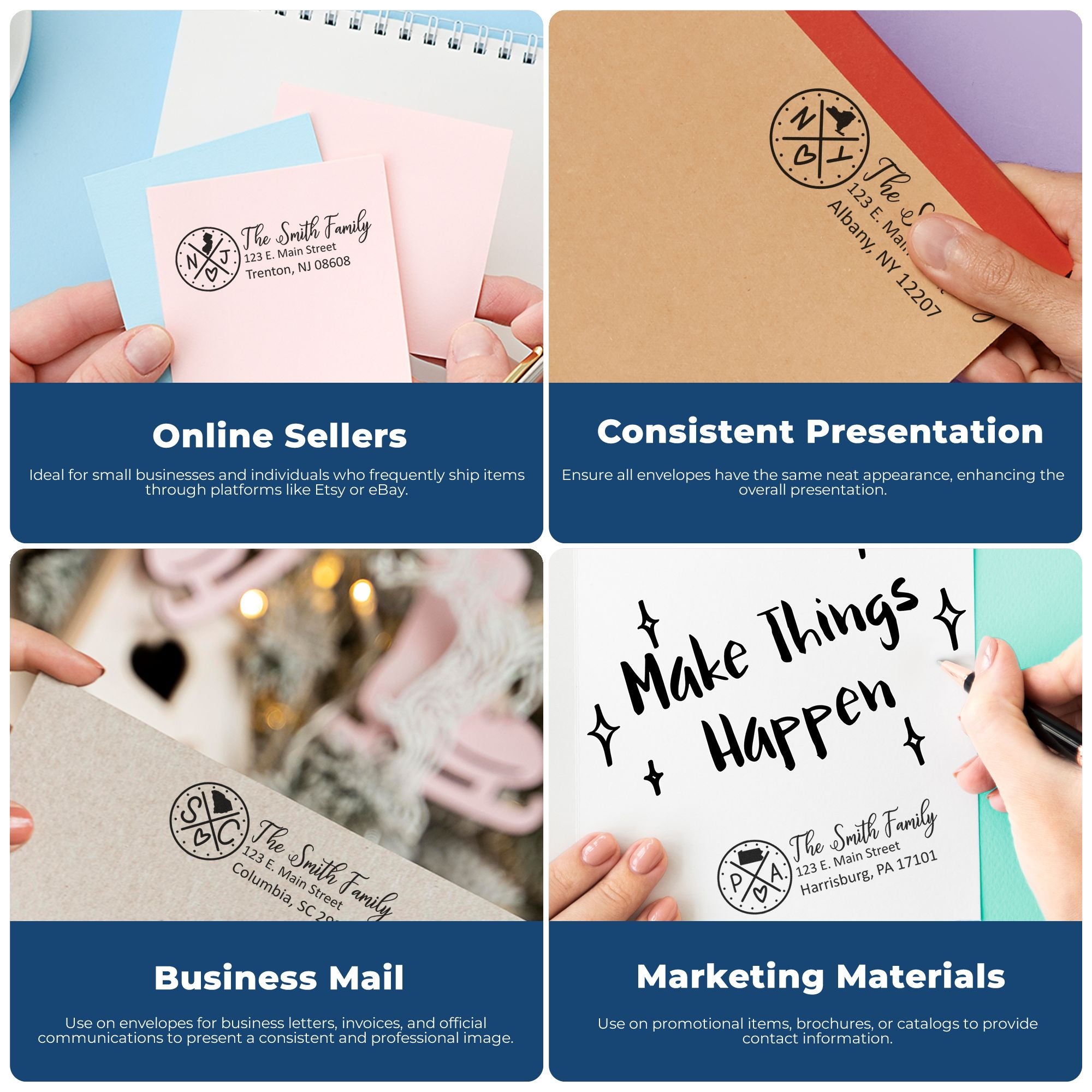 Custom rubber address stamps for online sellers and business mail, creating consistent, professional branding on envelopes and packaging.