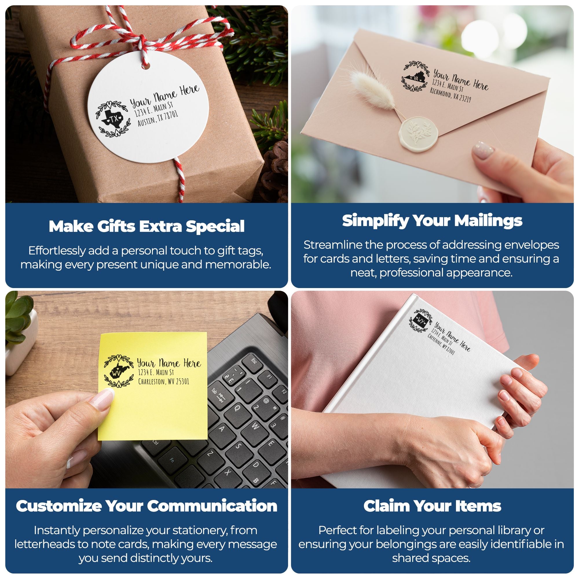 Custom rubber stamp collage on gift tags, envelopes, stationery and books for personalized address stamping and labeling.