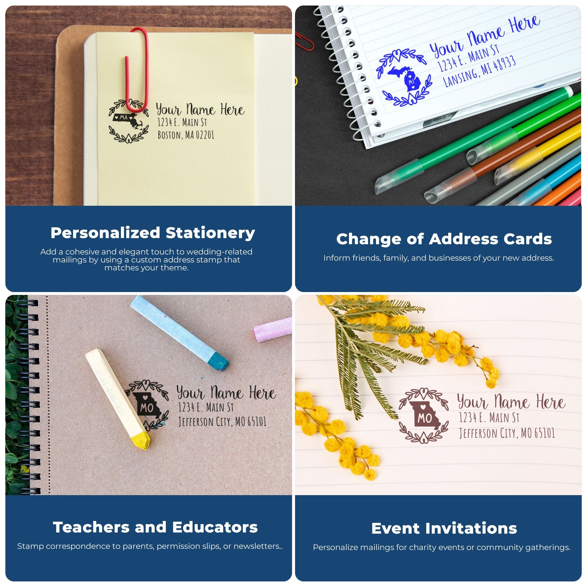 Custom address rubber stamp collage showing personalized stationery, change of address cards, teacher notes, and invitations.