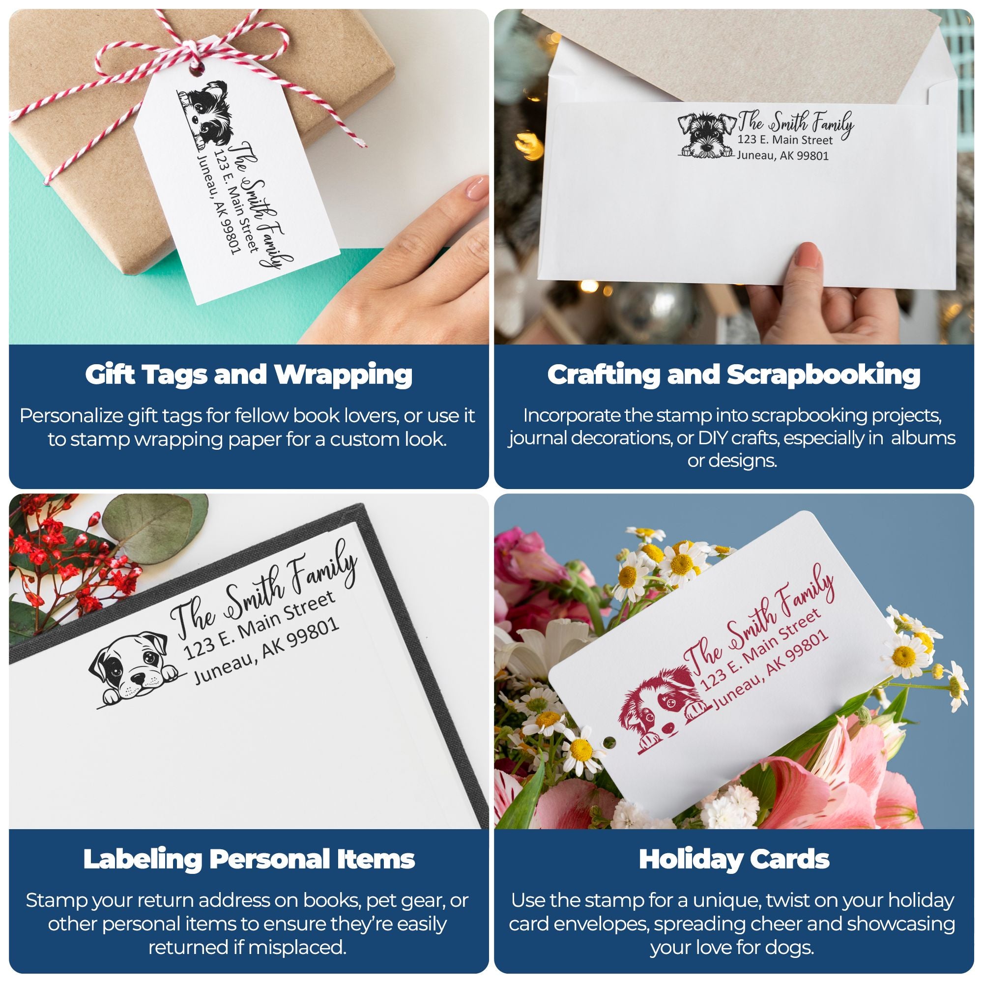 Custom dog return address rubber stamp on gift tags, envelopes, scrapbooks and holiday cards for personalized crafts.