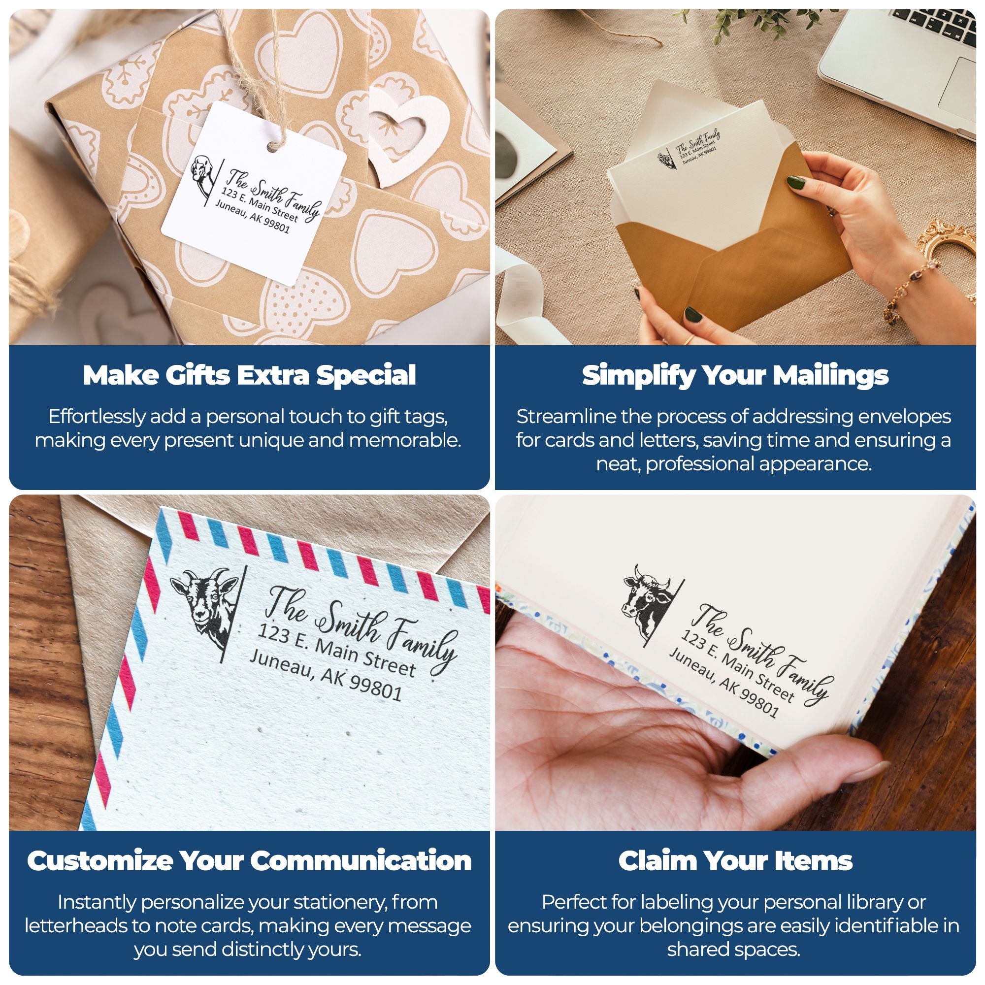 Custom family name rubber stamps for gift tags, envelopes, stationery, and labels with personalized return address designs.