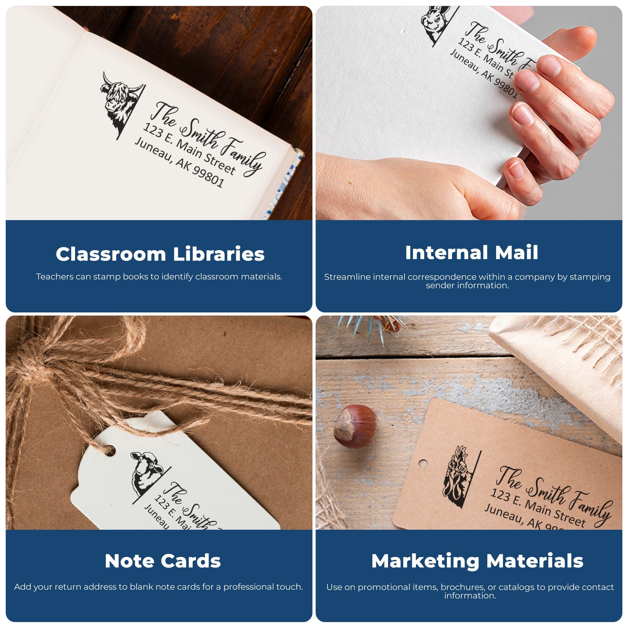 Custom return address rubber stamp examples for classroom libraries, internal mail, note cards, and marketing materials.