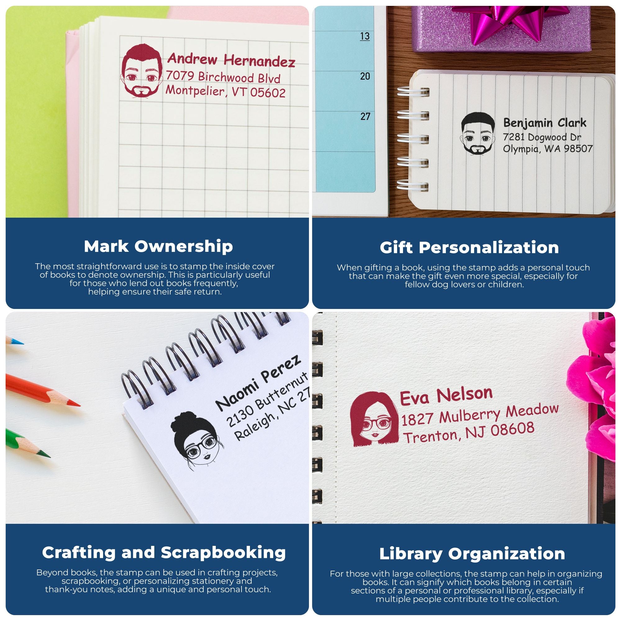 Custom rubber stamps for book ownership, gift personalization, crafting and library organization with name and address imprints.