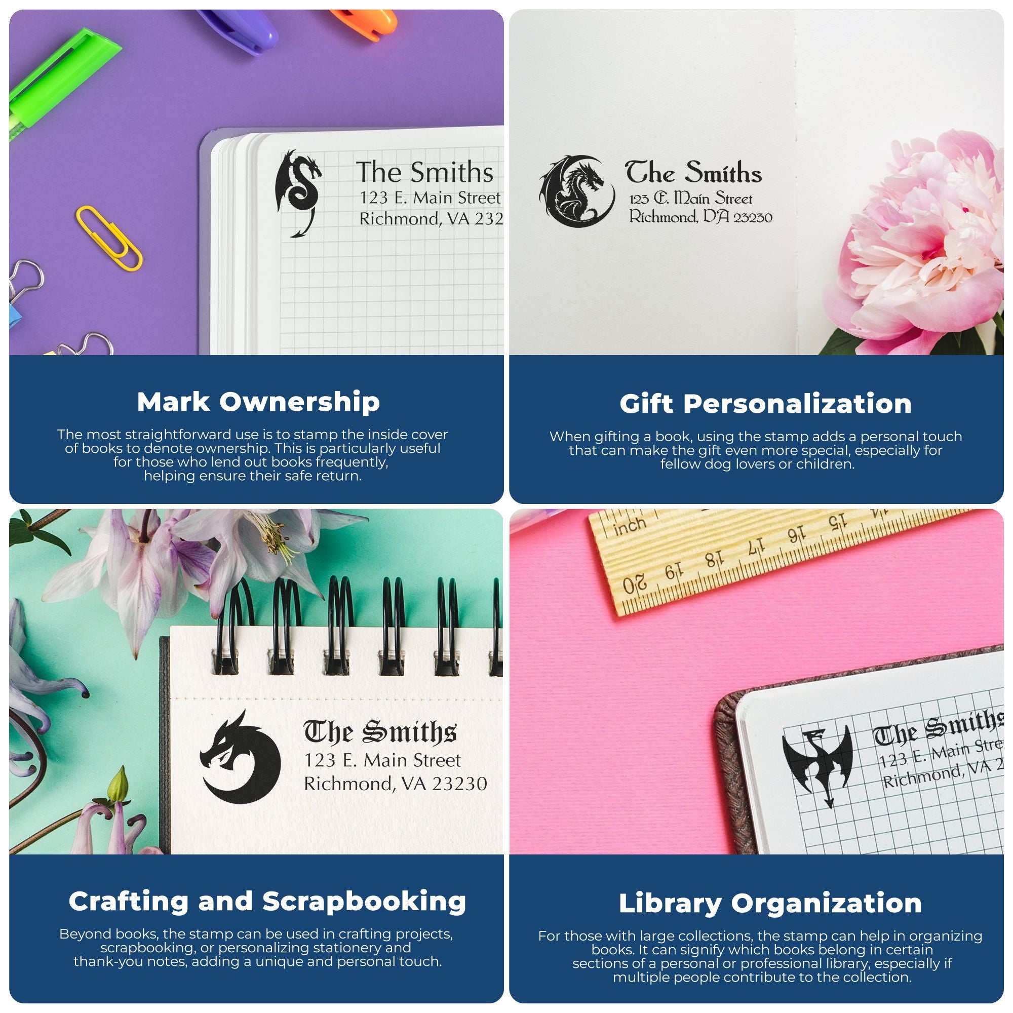 Custom rubber stamp bookplate for marking book ownership, gift personalization, crafting, and library organization.