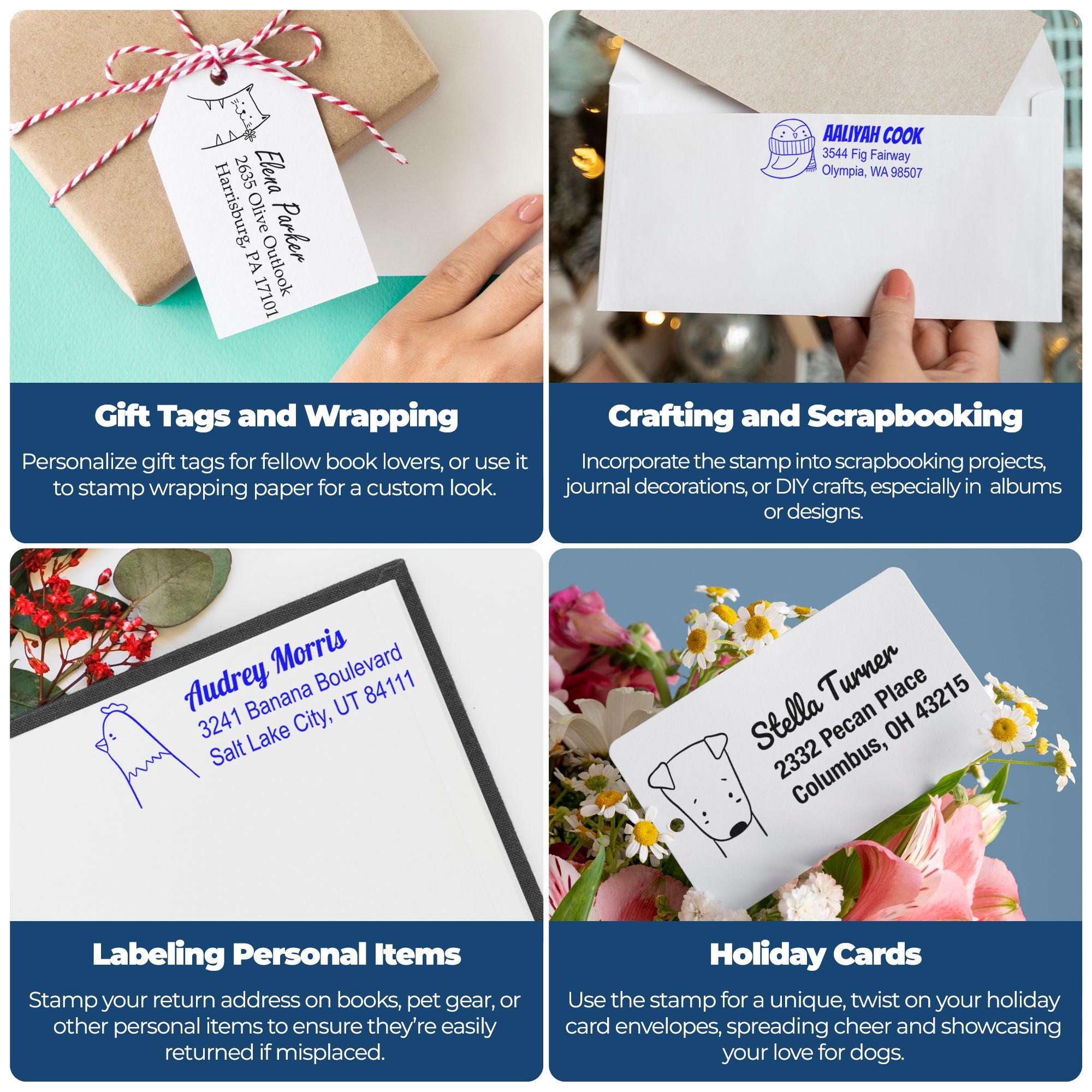 Personalized rubber stamp ideas for gift tags, wrapping paper, scrapbooking, address labels and holiday card envelopes.