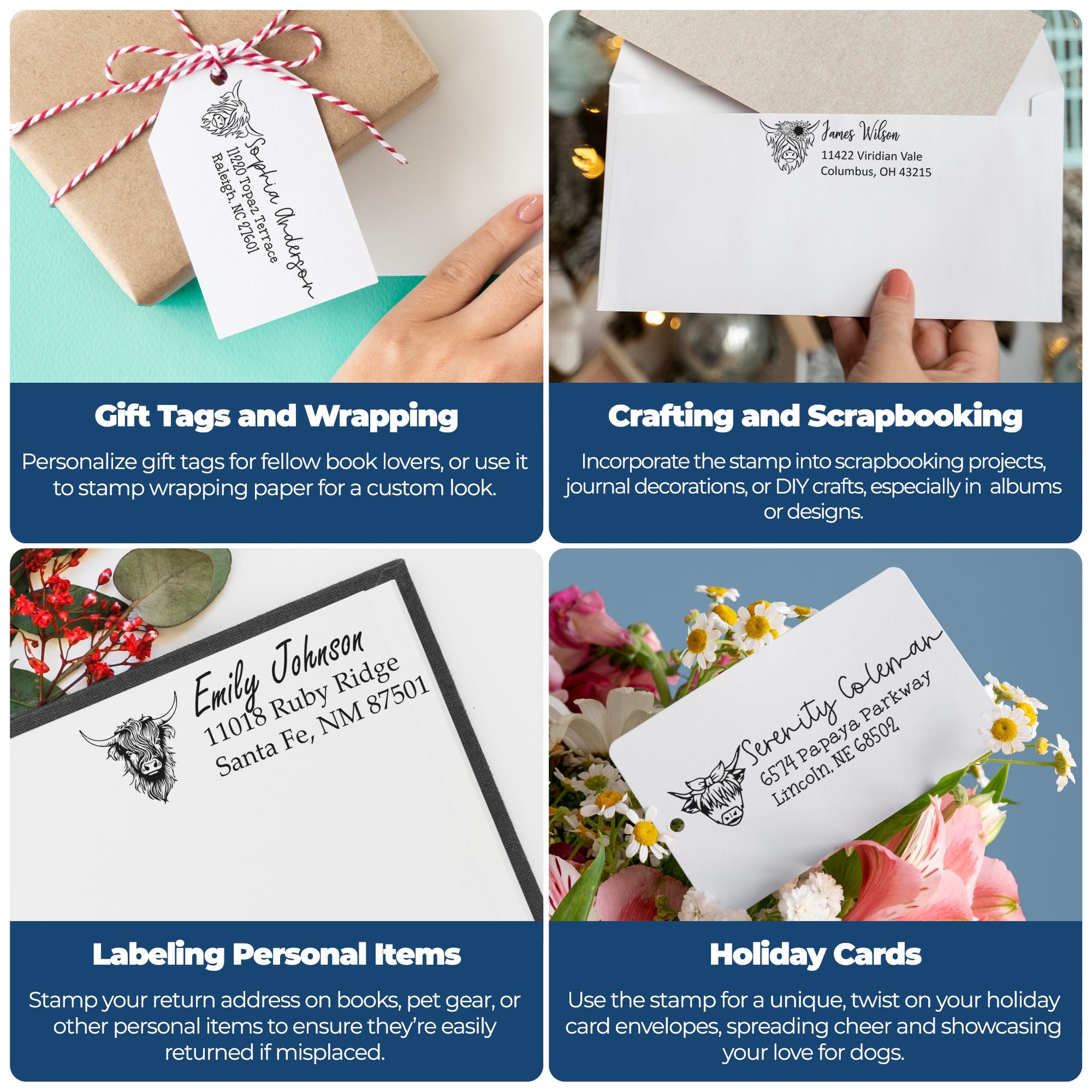 Collage of personalized rubber stamp ideas for gift tags, return-address envelopes, scrapbooking, labeling items, and holiday cards.