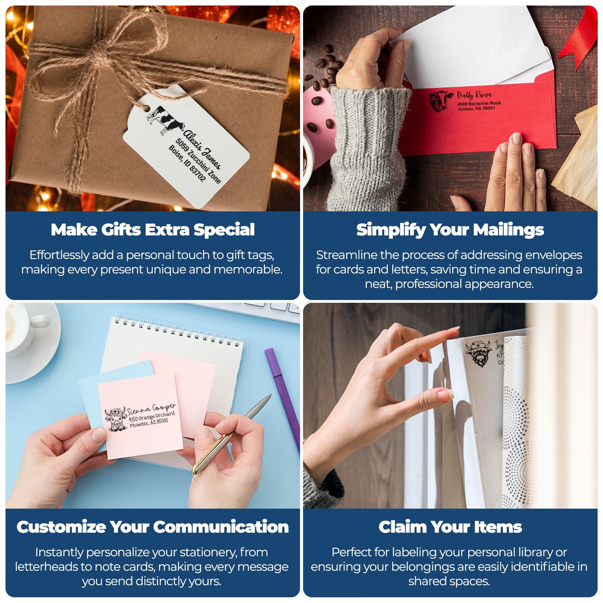 Custom rubber stamps for gift tags, envelopes, stationery and labels, adding a personal touch to gifts, mailings and organization.