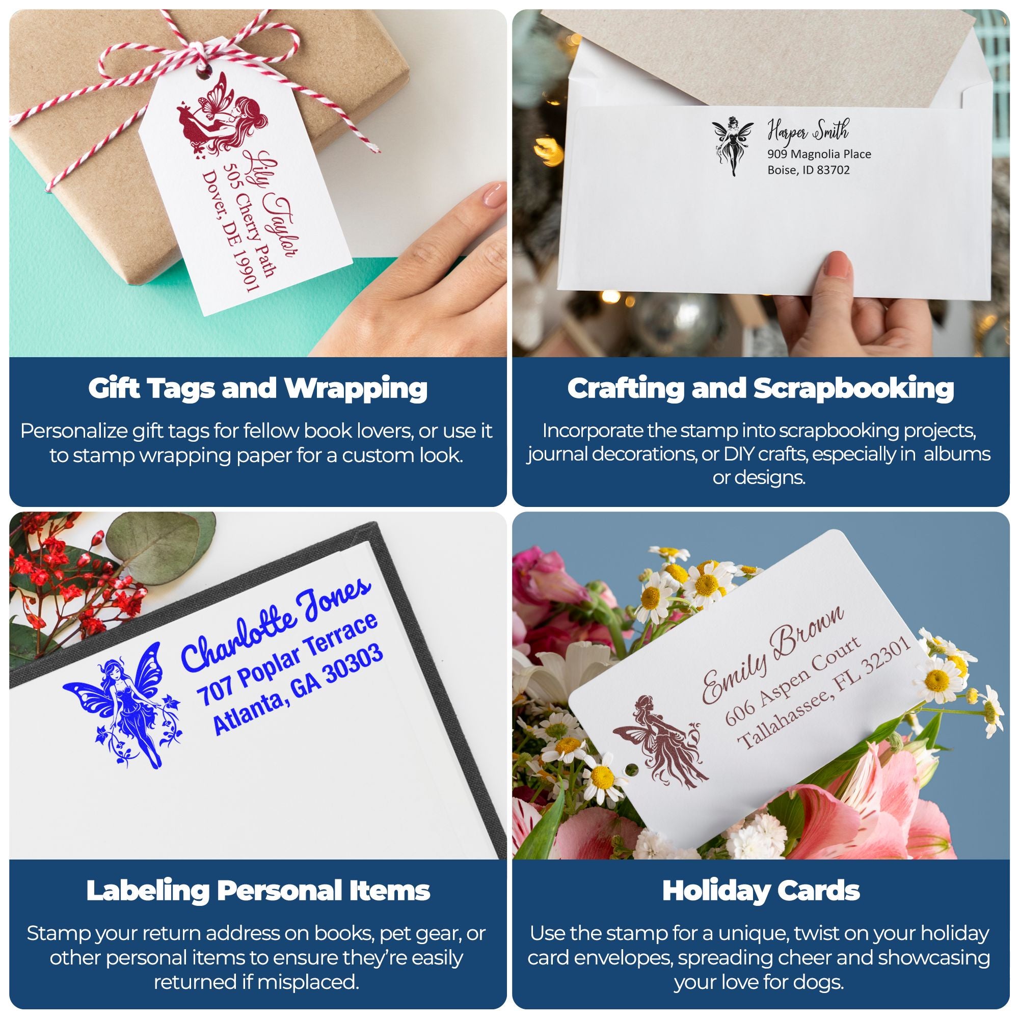 Collage of custom rubber stamp uses for gift tags, scrapbooking, address labels, and holiday card envelopes.