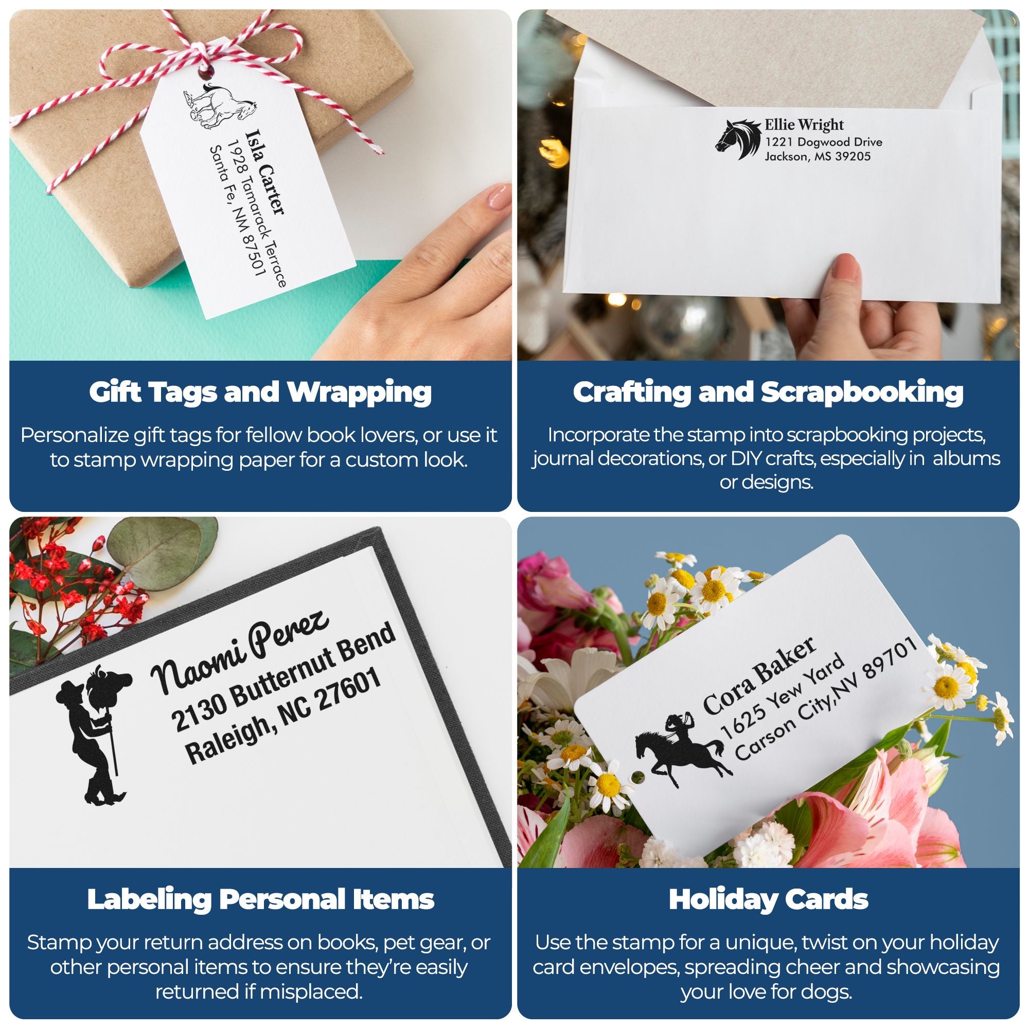 Personalized rubber stamp ideas for gift tags, scrapbooking, return address labels, and holiday card envelopes.