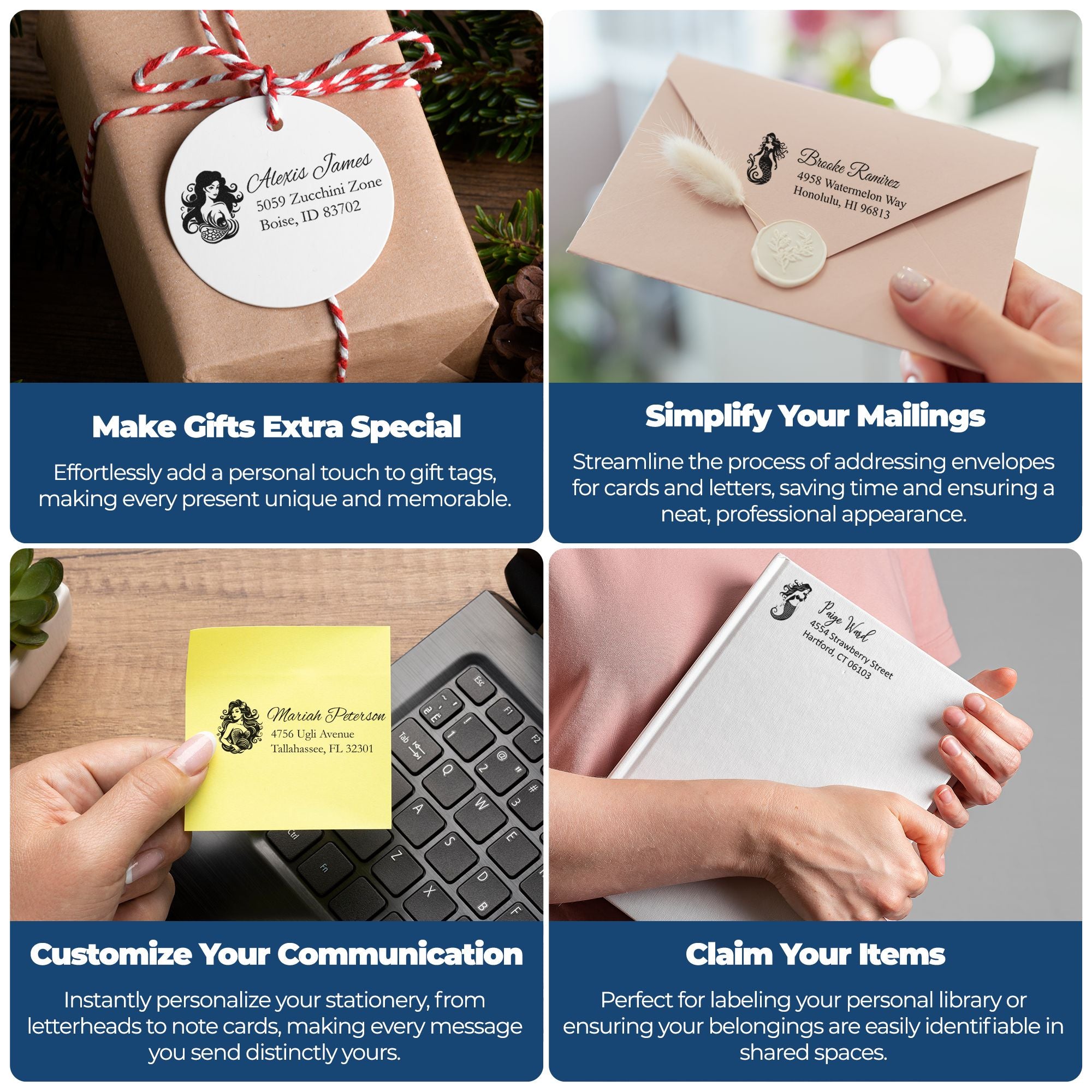 Custom rubber stamps used to personalize gift tags, envelopes, stationery, and book labels for gifts, mailings, and organization.