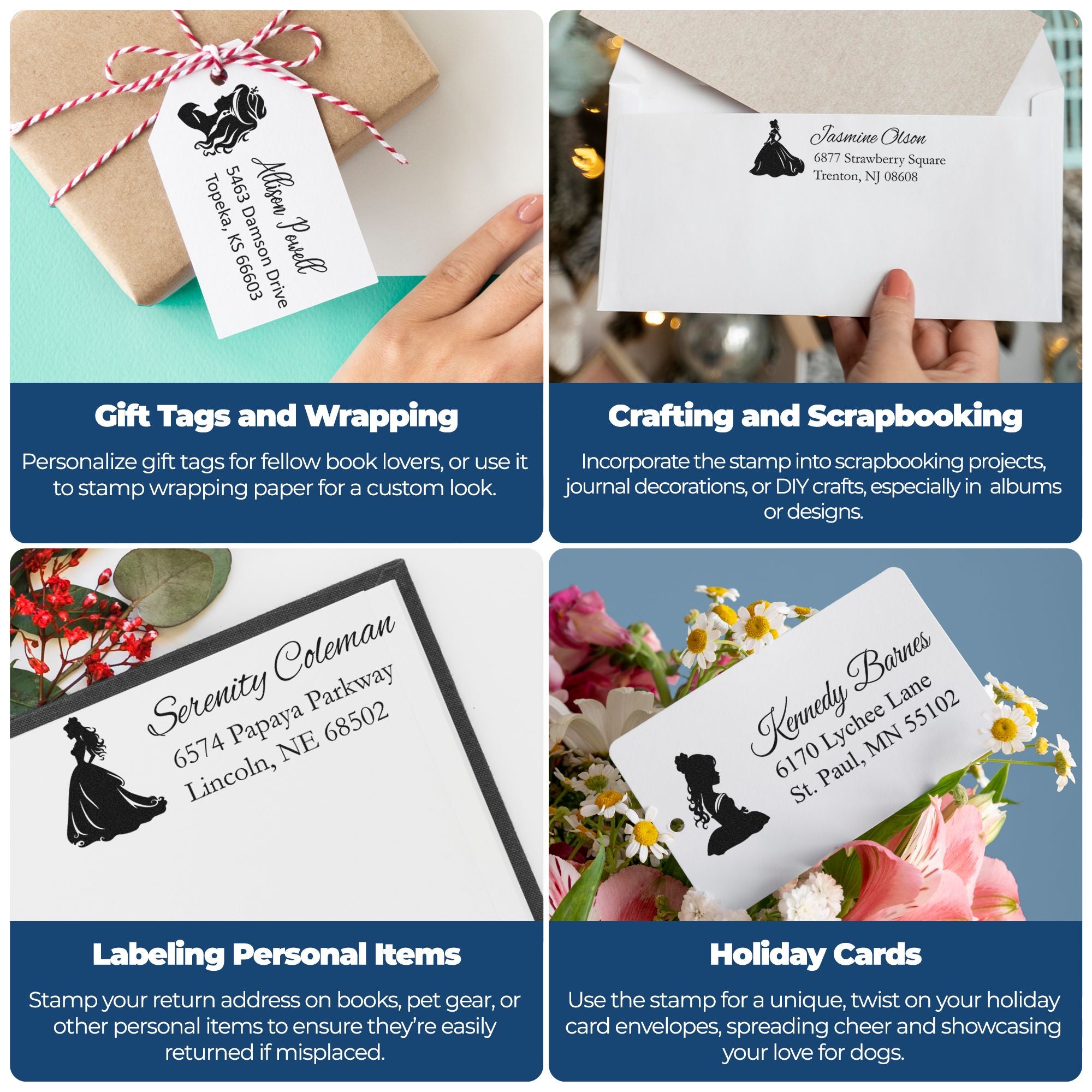 Custom rubber stamp ideas for gift tags, envelopes, scrapbooking, and holiday cards with personalized return address designs.