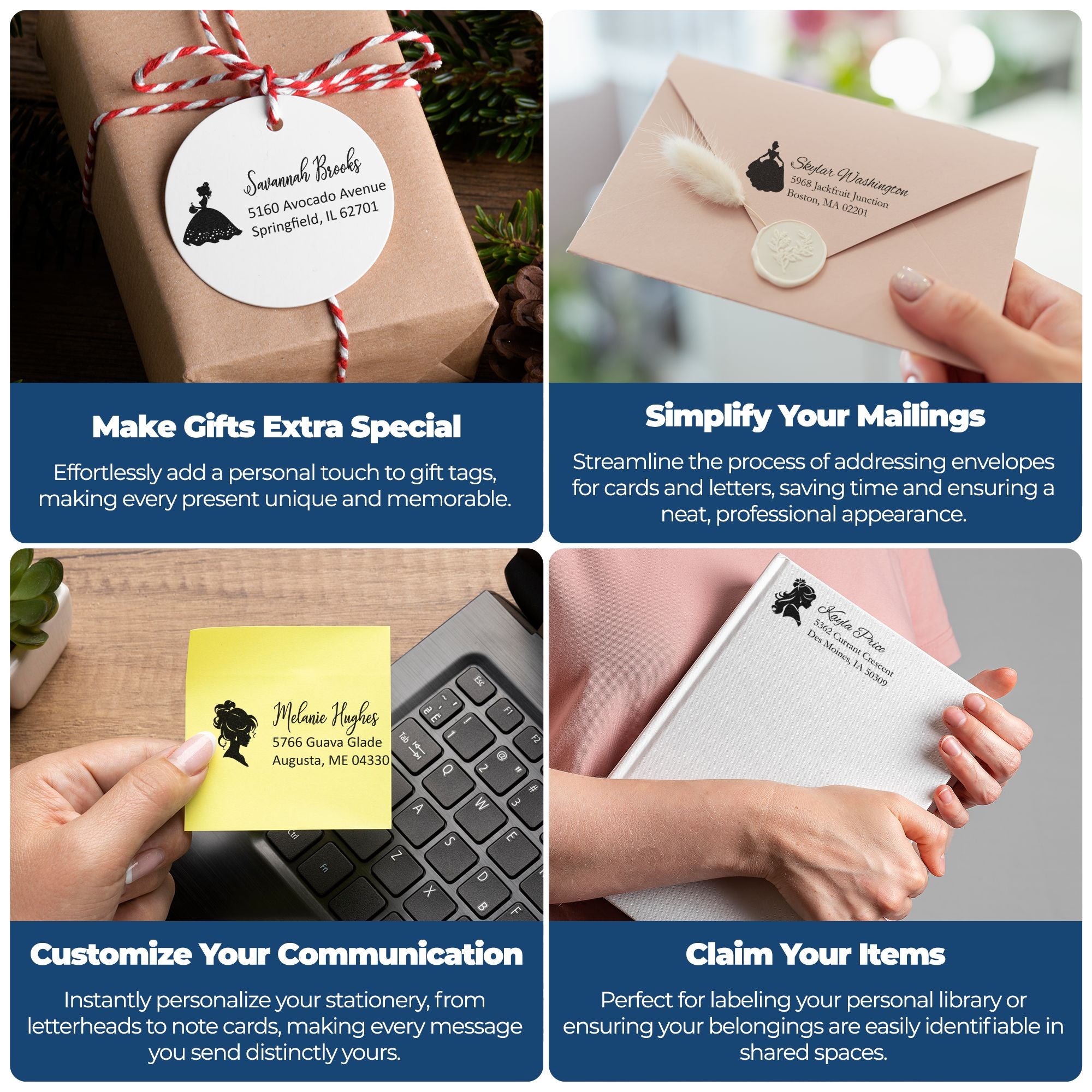 Collage of custom rubber stamps on gift tags, envelopes, note cards, and labels for personalized mailing and gifts.