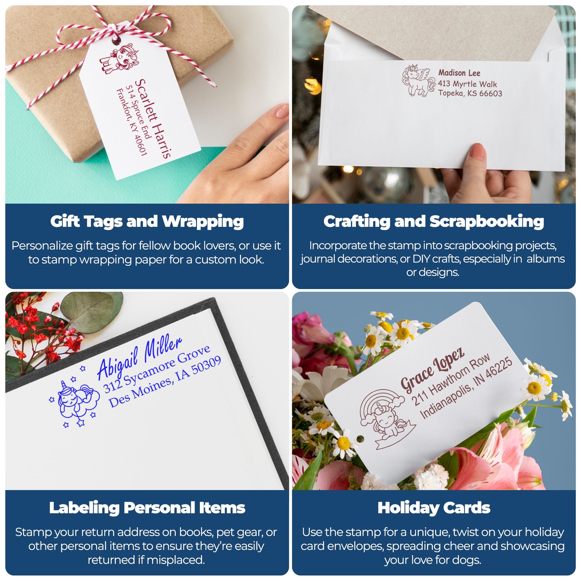 Custom rubber address stamps on gift tags, envelopes, journals, and holiday cards for personalized wrapping and scrapbooking.