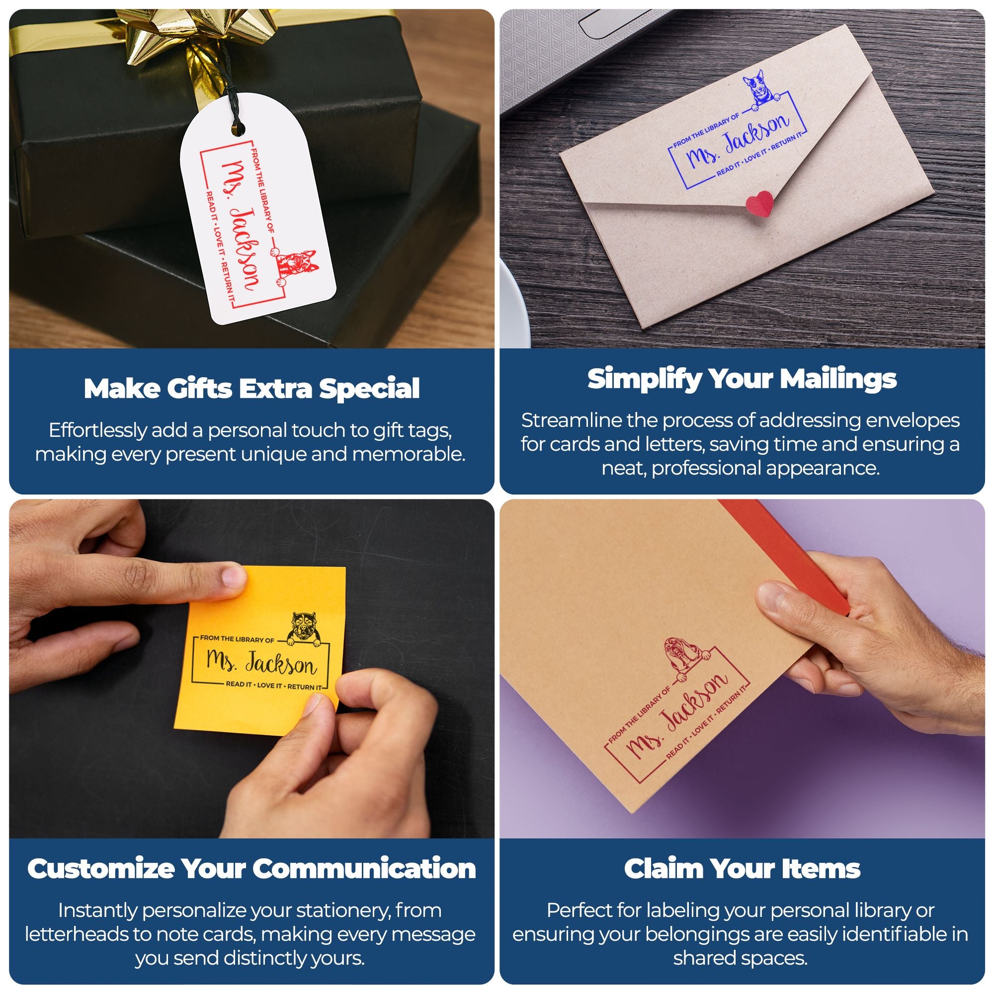 Custom rubber stamp examples on gift tags, envelopes and stationery for personalizing gifts, mailings and library items.