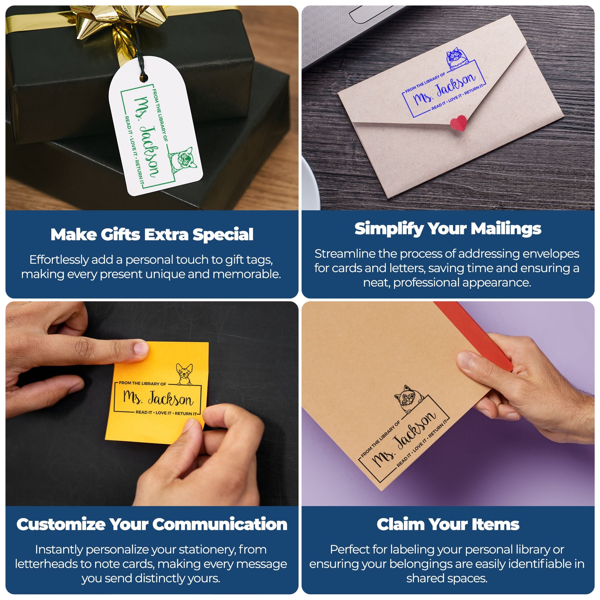 Collage of custom rubber stamps on gift tags, envelopes and stationery to personalize gifts, mail and library book labels.