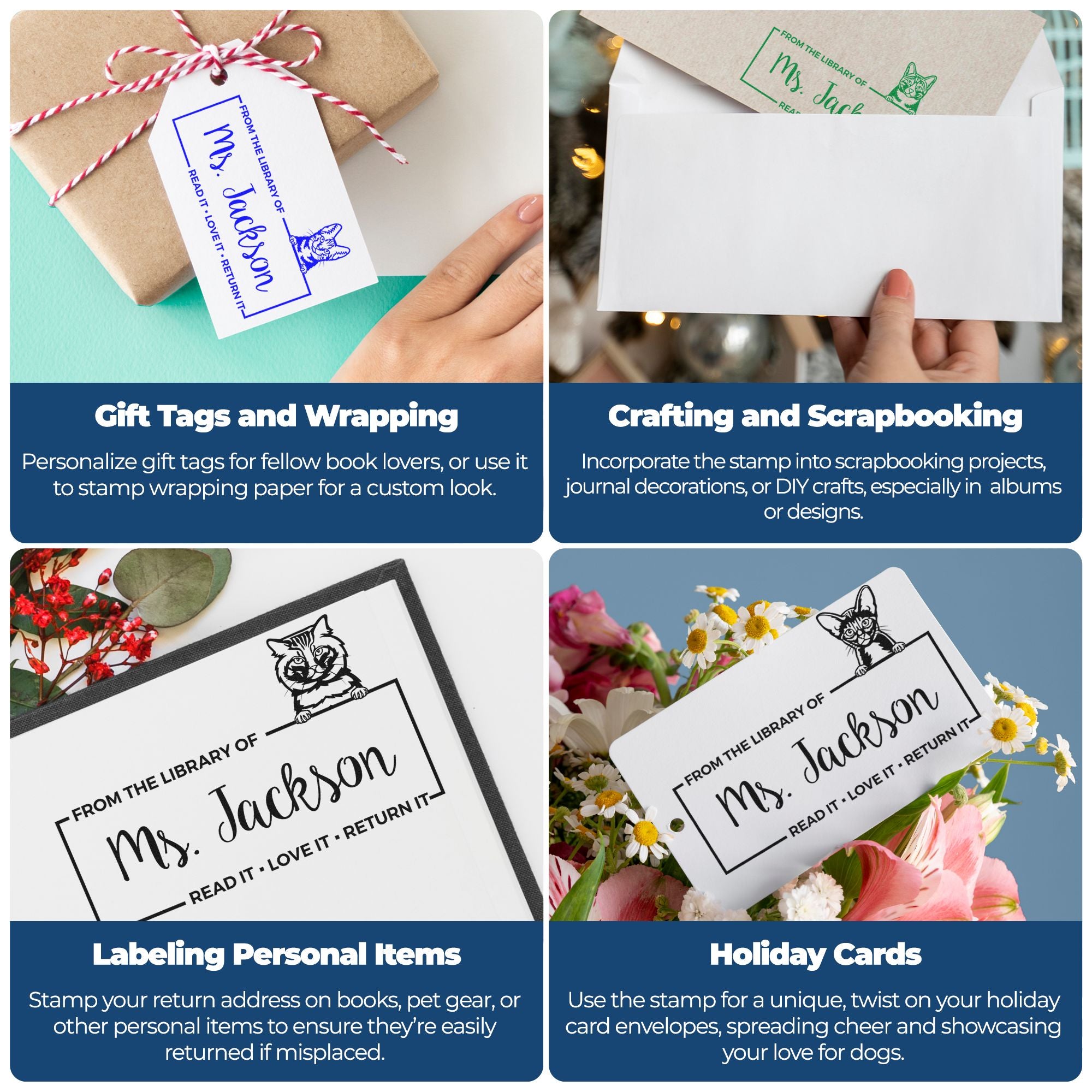 Custom rubber stamp examples on gift tags, wrapping, crafts, and holiday cards, featuring personalized library cat return-address designs.