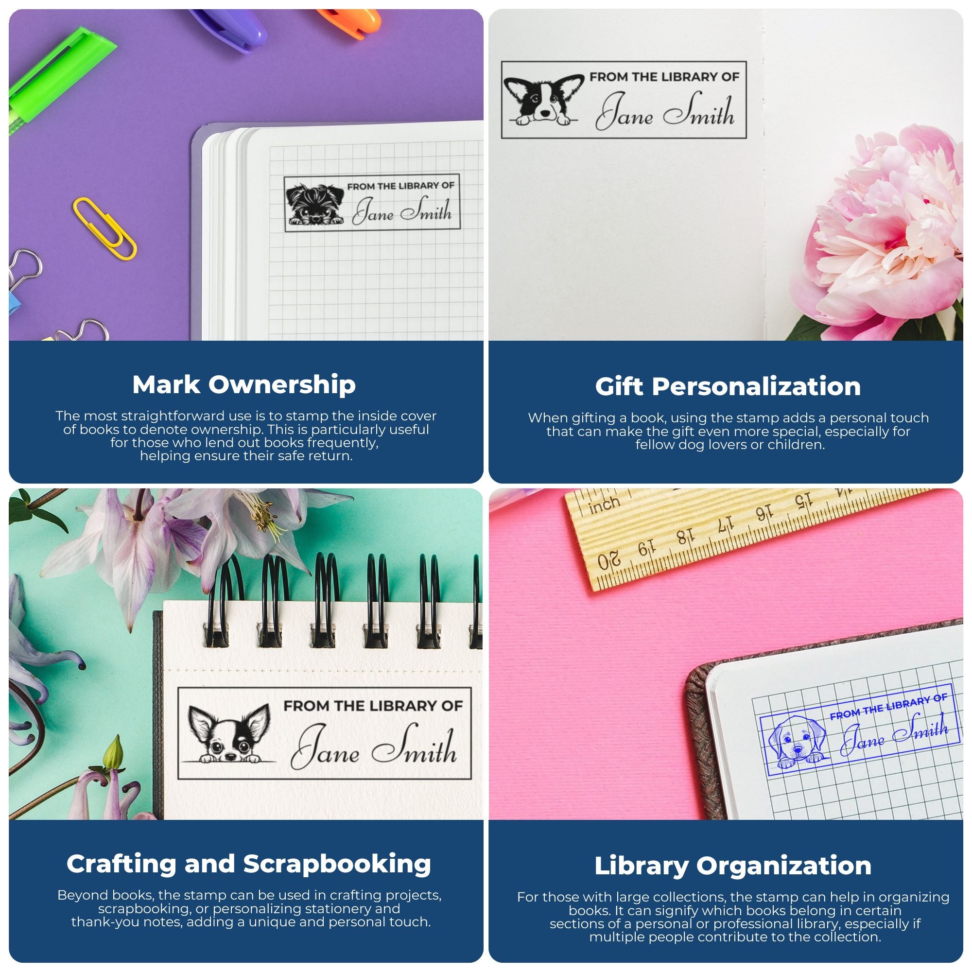 Collage of custom rubber stamps for books, gift personalization, crafting, and library organization with dog-themed From the Library of design.