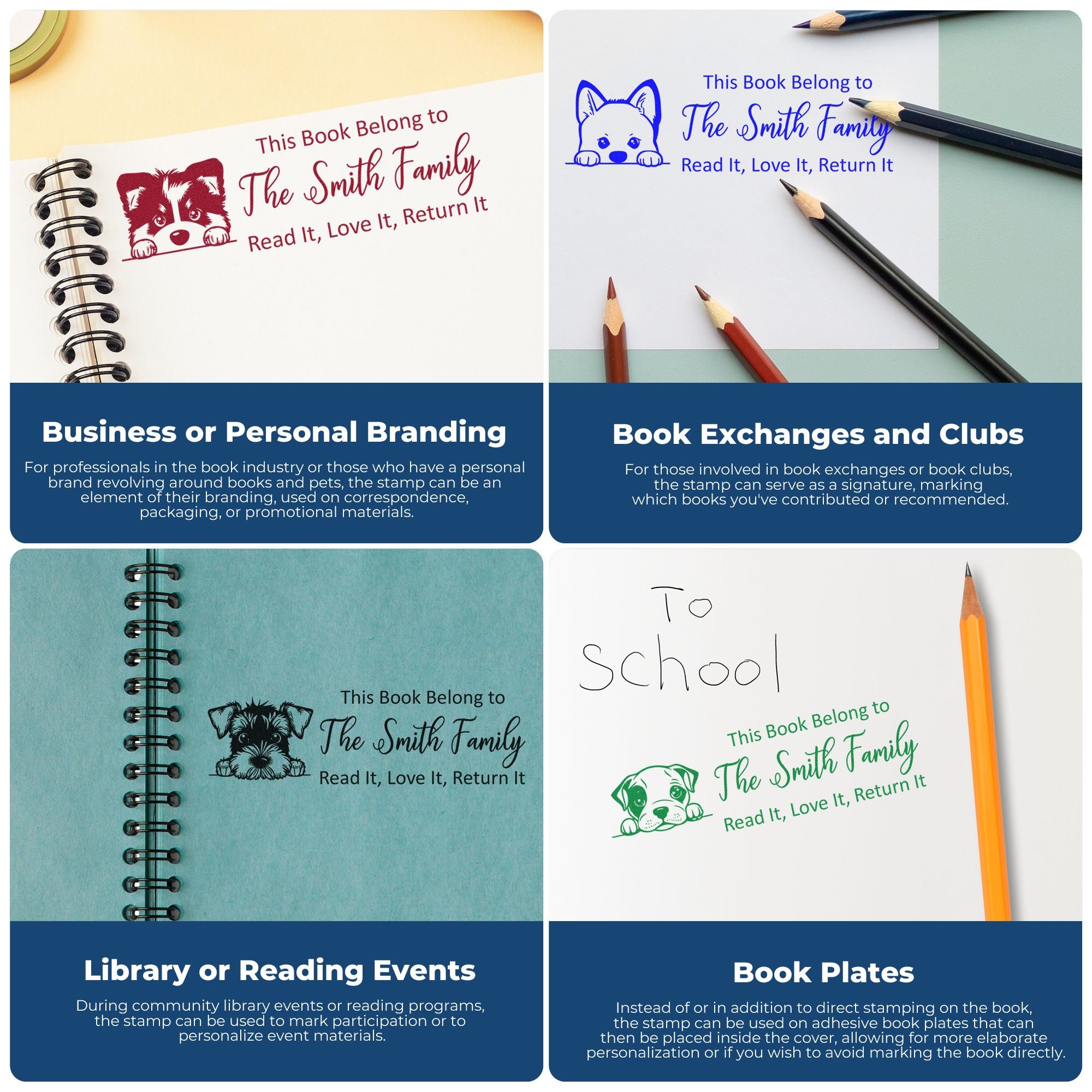 Custom rubber book stamp examples for personalized book plates, family libraries, book clubs, and reading events.