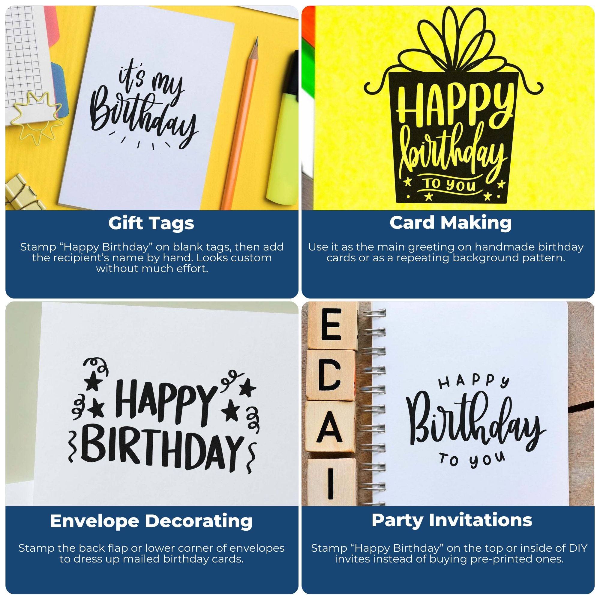 Birthday rubber stamps for gift tags, handmade cards, envelope decorating, and DIY party invitations.