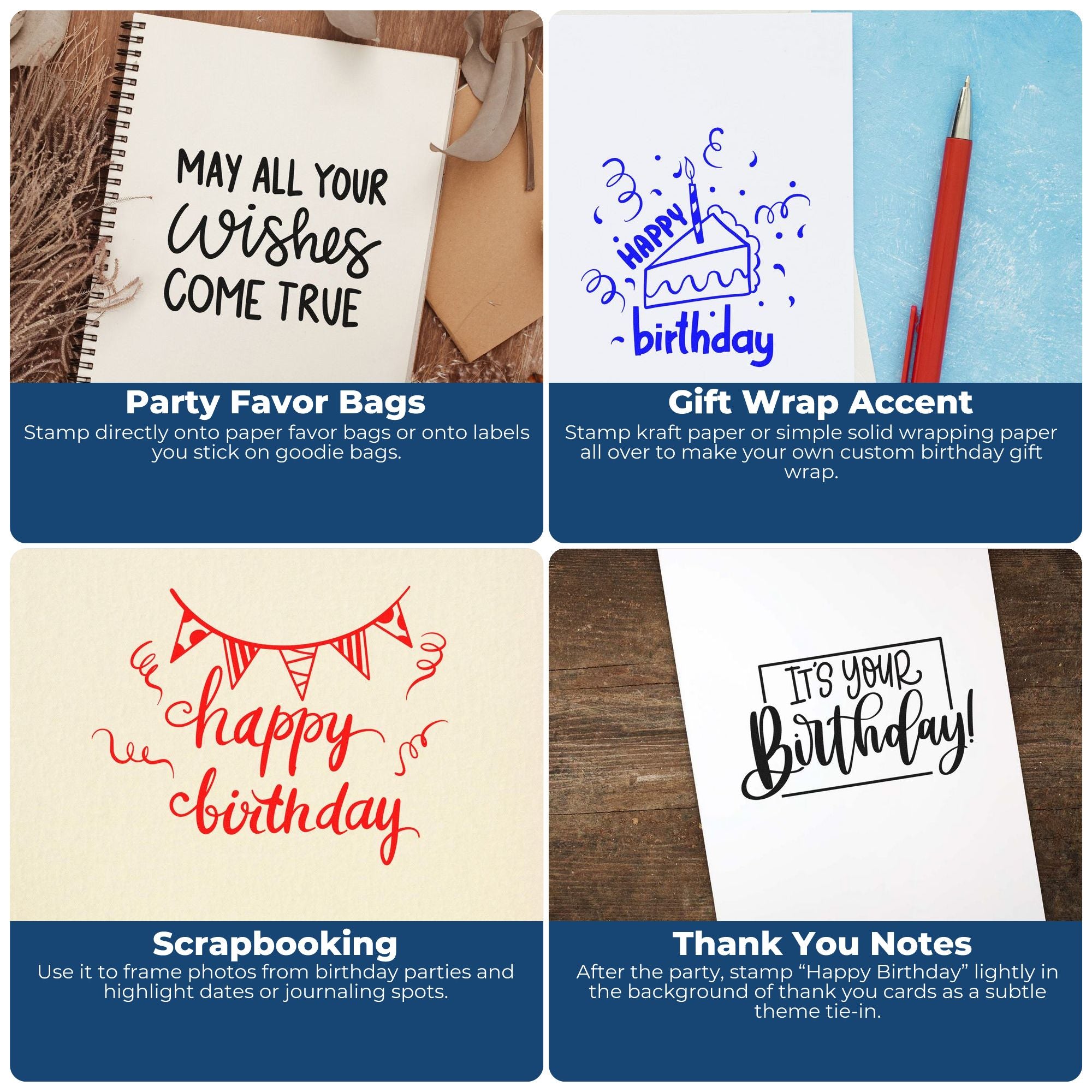 Birthday rubber stamp designs for party favor bags, gift wrap, scrapbooking, and thank-you notes.