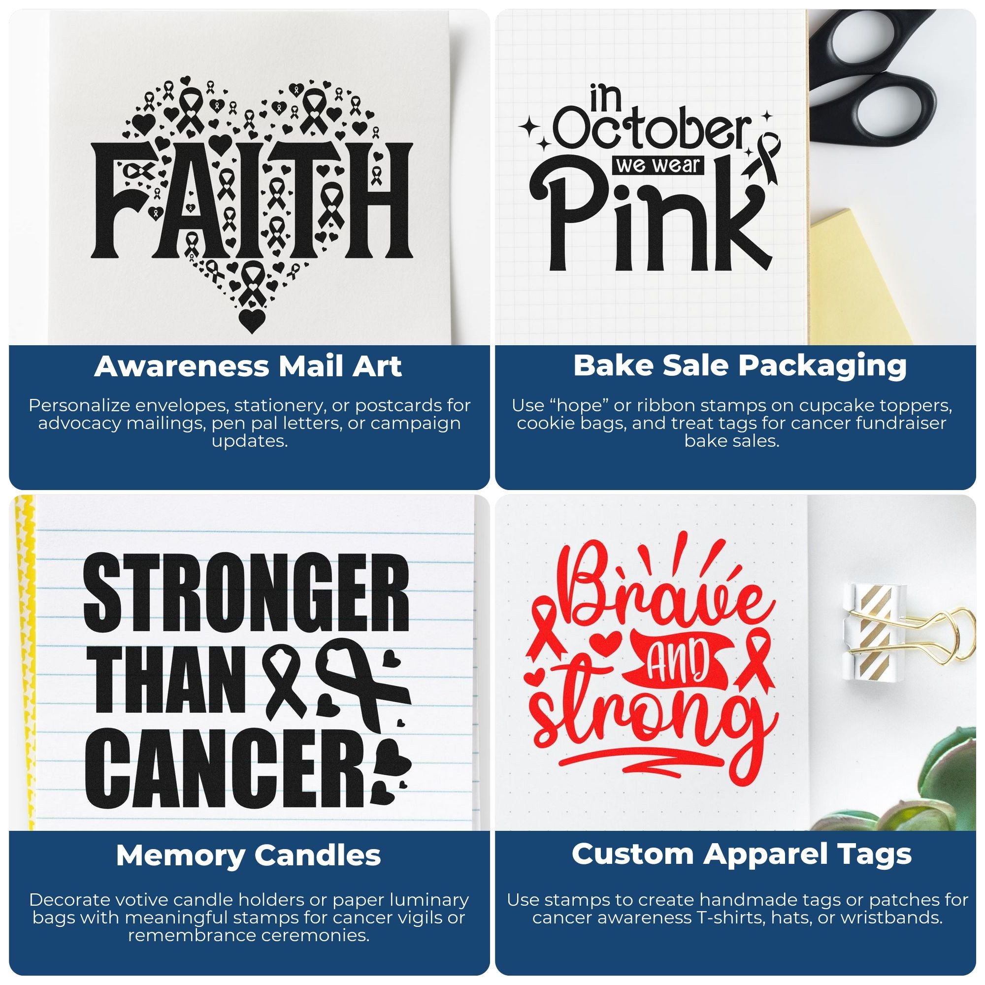 Cancer awareness rubber stamp ideas for faith cards, Pink October packaging, memorial candles, and custom apparel tags.