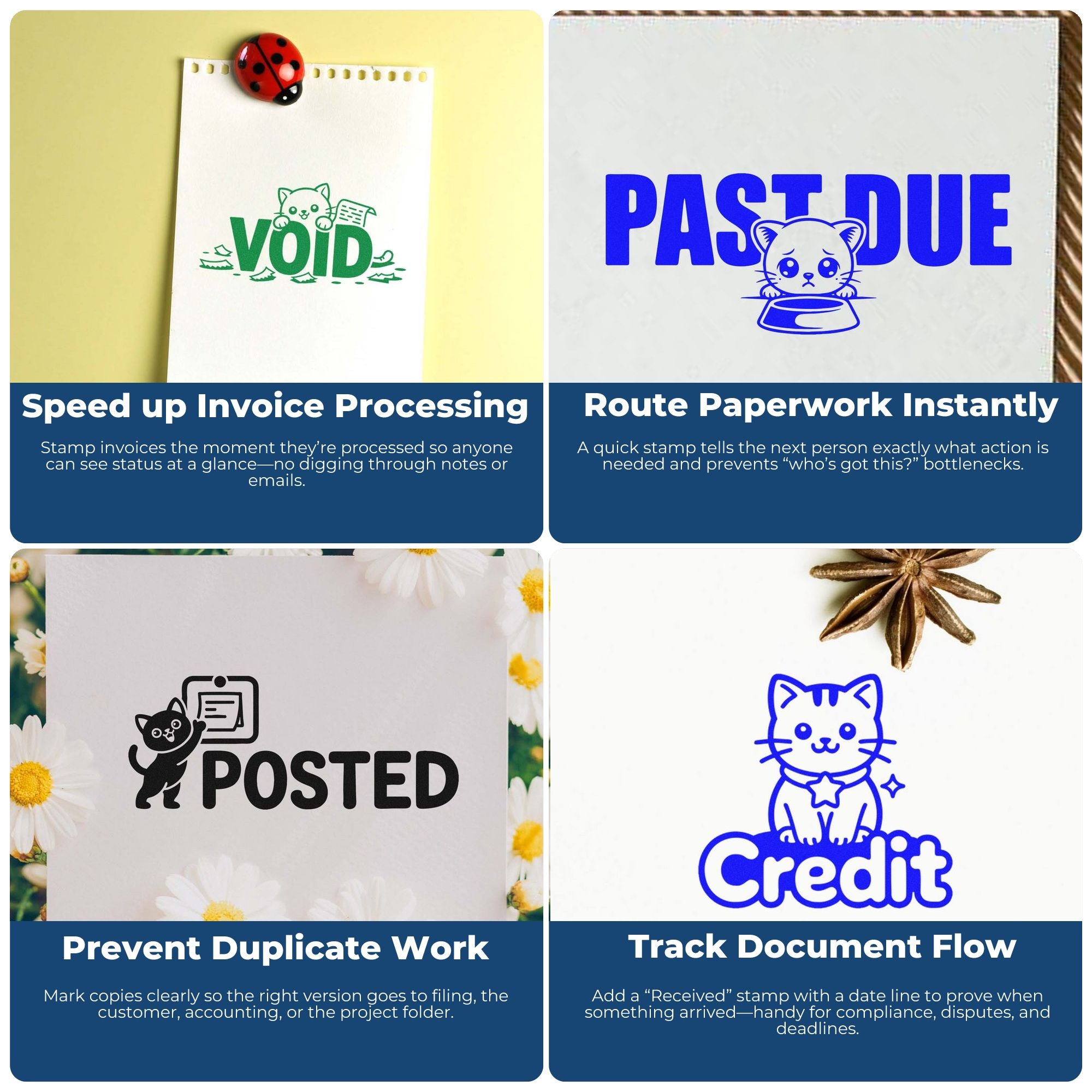 Rubber stamp examples for office workflow: VOID, PAST DUE, POSTED, and Credit stamps for invoices, document tracking, and approvals.