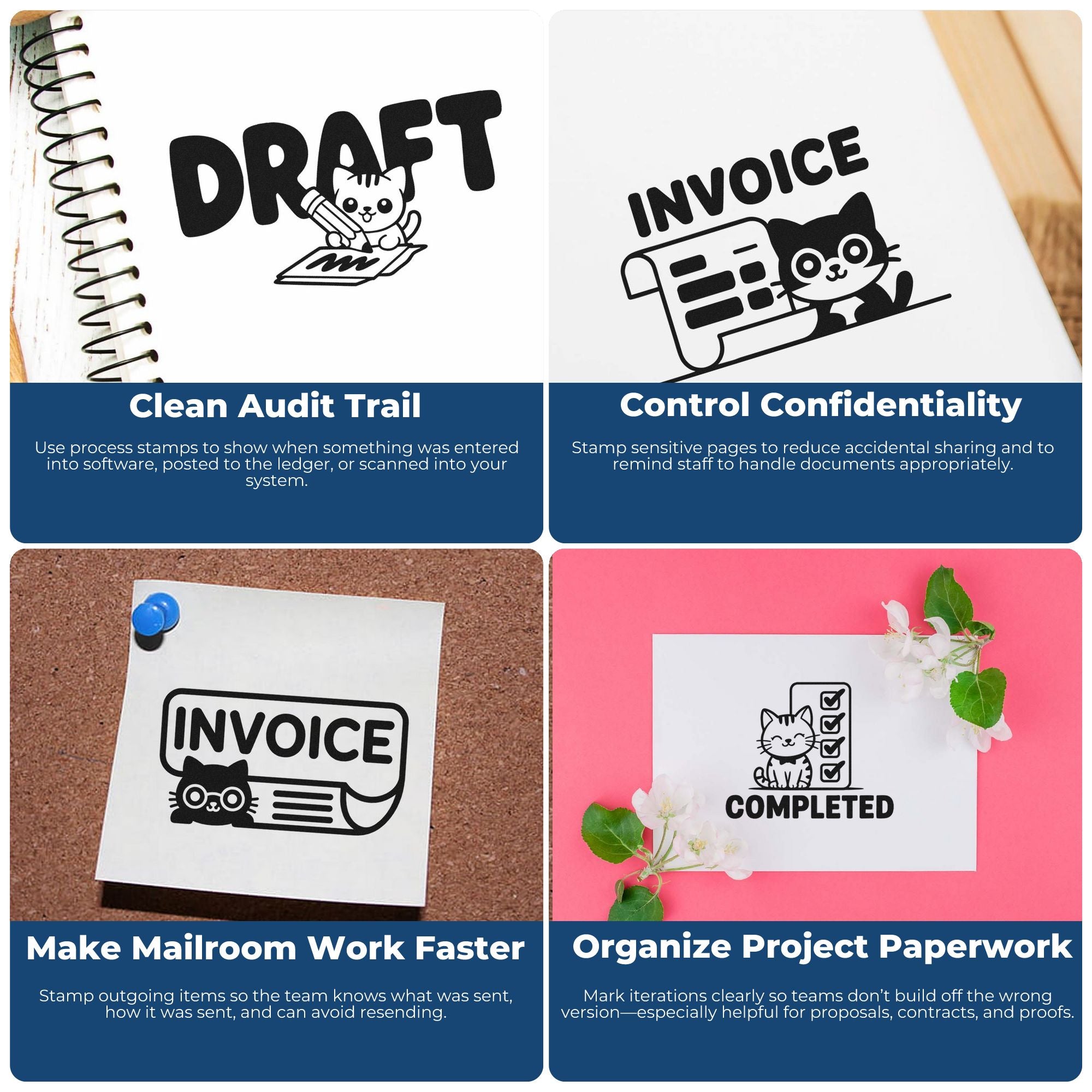 Rubber stamp examples for office document control: draft, invoice, confidential, and completed markings.