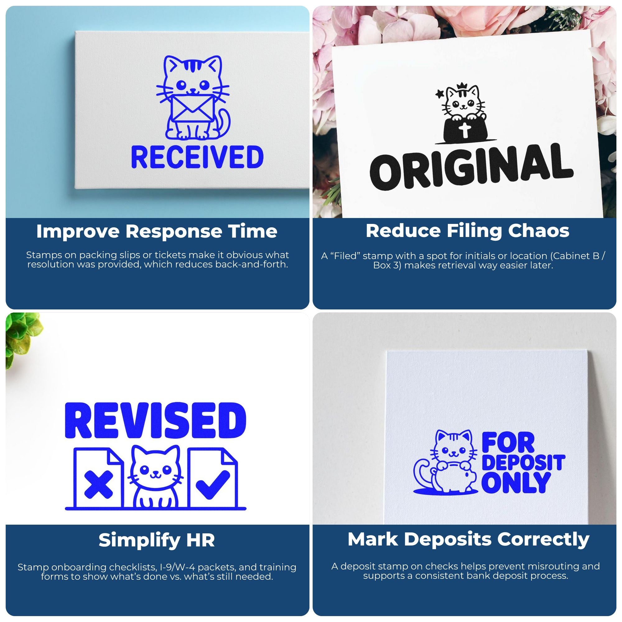 Custom rubber stamp examples for office workflows: received, original, revised, and for deposit only stamps to improve filing and banking.