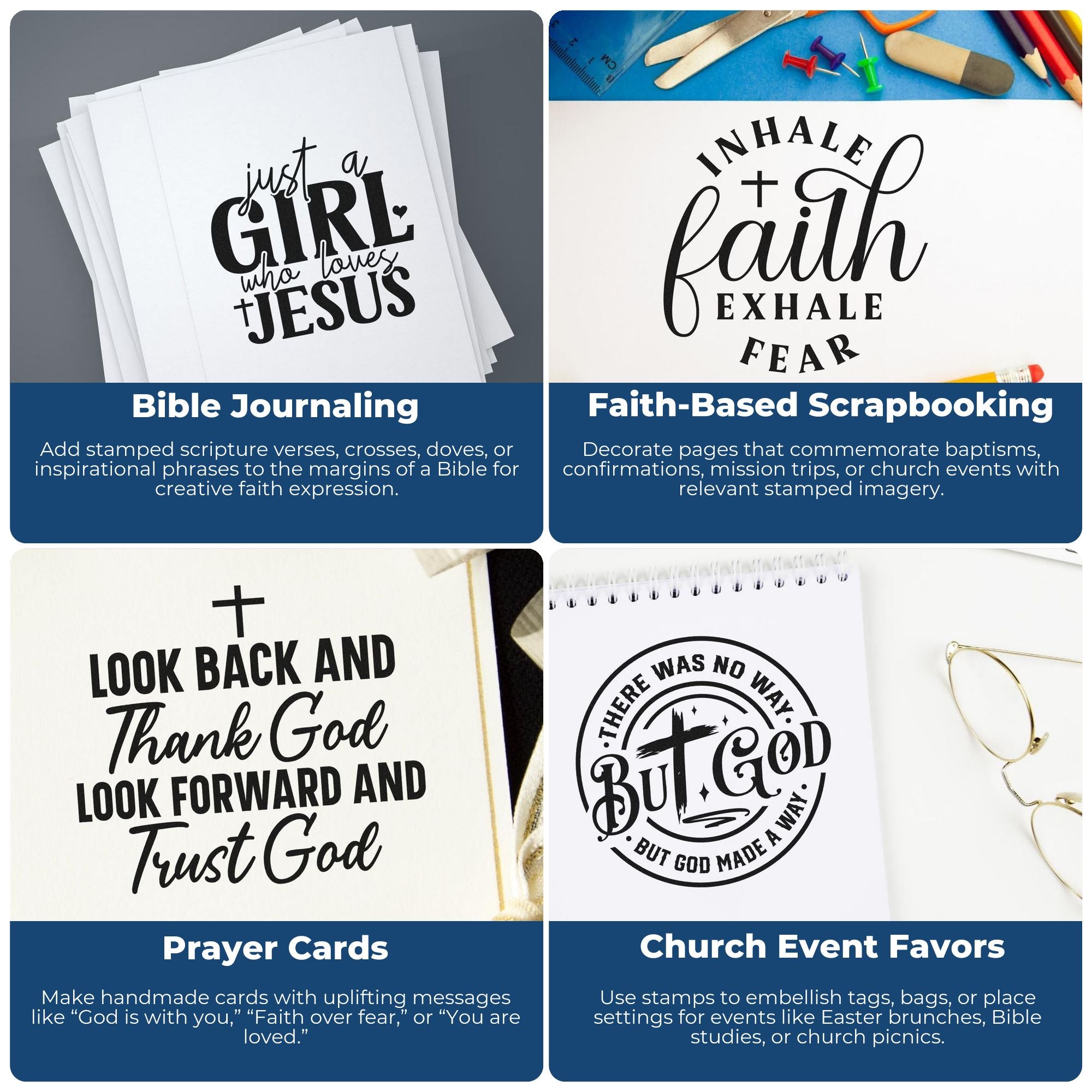 Christian rubber stamp ideas for Bible journaling, faith scrapbooking, prayer cards, and church event favors
