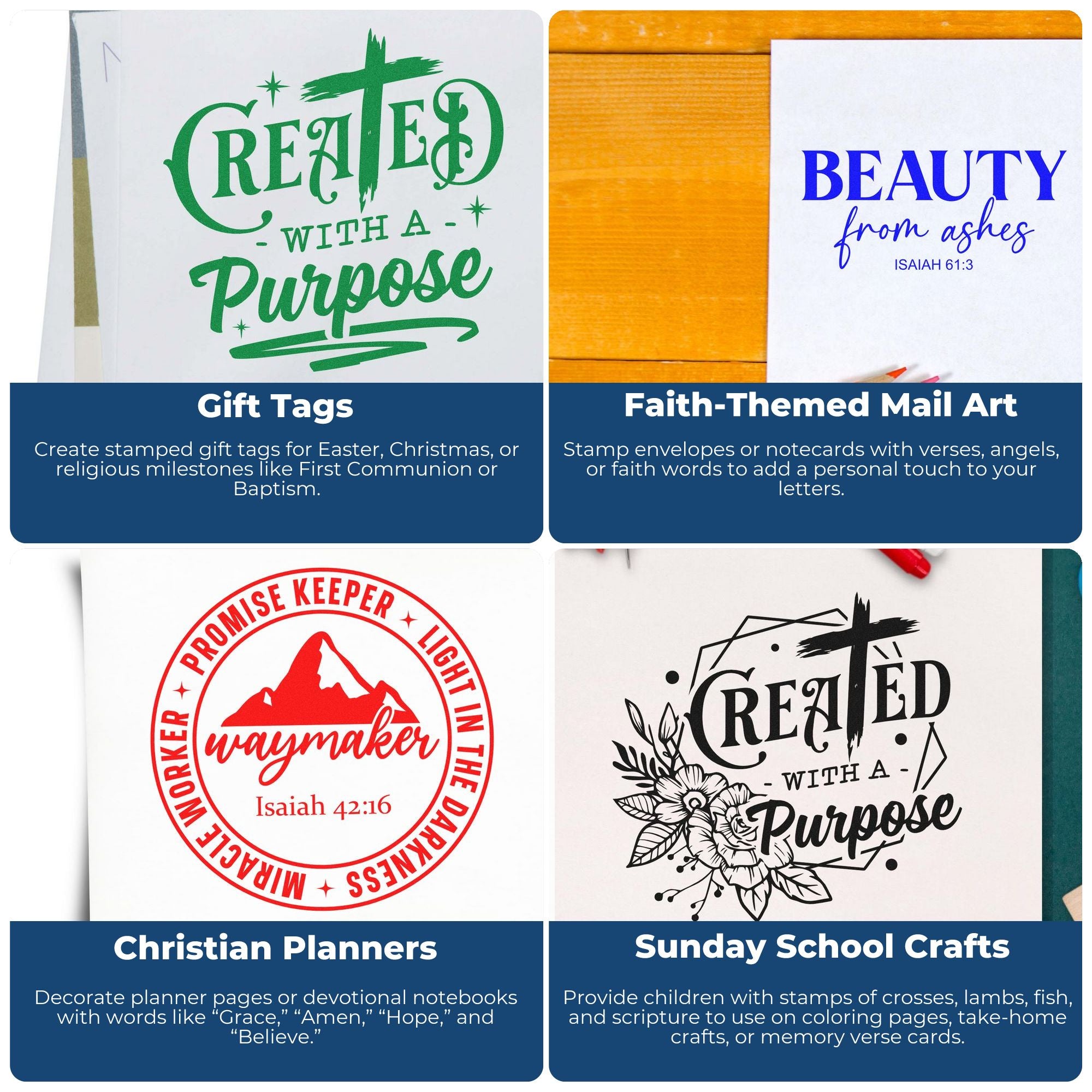 Bible verse rubber stamps for gift tags, faith mail art, planners, and Sunday school crafts with inspirational designs.